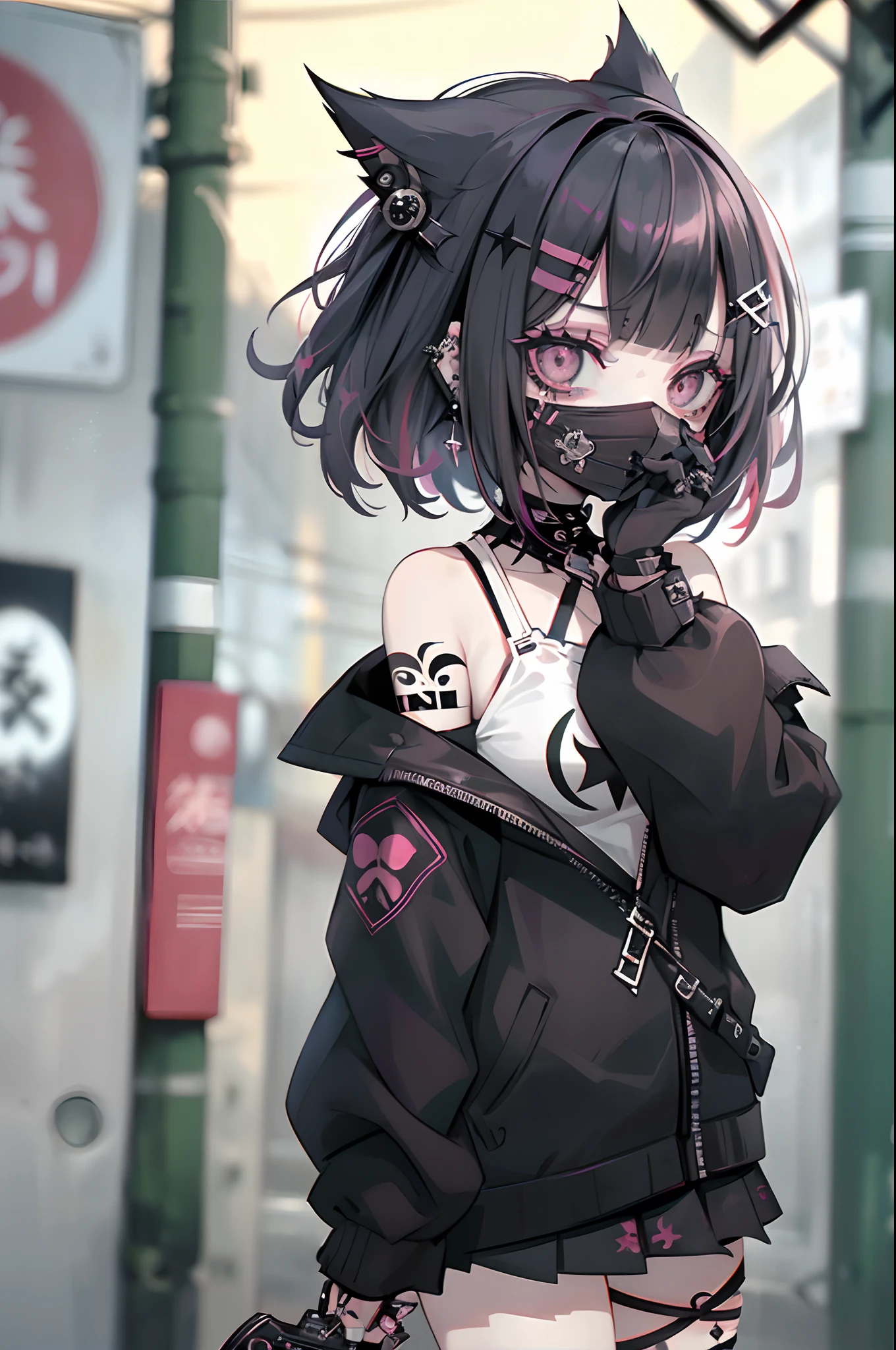 straight haired, Punk Girl, Without mohawk sleeves, The tattoo, head phone, 🎧, goth_punk, 1girl in, solo, medium shot, Walking in Harajuku, ((during night)), bokeh dof, Neon light, Iridescent eyes, gray eyes, red glowing hair, Black eyebrows, Radiant hair, (iridescent red hair), lots of earrings, labret, facial piercings, bangs, jewelry, masks, blunt bangs, Mouth mask, blurry background, blurry, hair adornments, Look at viewers, short hair, portraitures, side look, goth, (masterpiece), (Portrait), (Aesthetic), (Beautiful), (upper body), (High quality), (aesthetic clothings), (professional angle), (thirds rule), (Feminine), (Woman), (Female), (Beautiful), (Feminine features), (25-years old), Solo, 1 woman, (Charming punk girl), Dramatic light, ((Playing guitar)), (Standing), Edgy makeup, (huge breasts), (Front face), (Defiant expression), ((defiance)), (Leather jackets and tattoos), ((Short hair)), (dyed (E.G. and pinks) hair), (spiky hair), (Thick hair), matte Shine Hair, (Hair bands scattered in the hair), (gray eyes), (Bold and bold look), (pale skin), (Dark clothes), (Band T-shirt), (Ripped jeans), (-), crew neckline), ((Urban alley background)), (up close shot), Beautiful hands, Two hands, normal hands, Two arms, complete hands, Beautiful body, Beautiful fingers, normal fingers, Five Fingers, Five Fingers, (Thumb index finger ring finger), Beautiful ears, normal ears, Beautiful eyes, shiny eyes, Beautiful mouth, Beautiful lips,