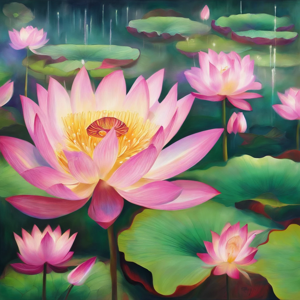 The lotus flowers are below, artistic conception, Light shines straight down from above