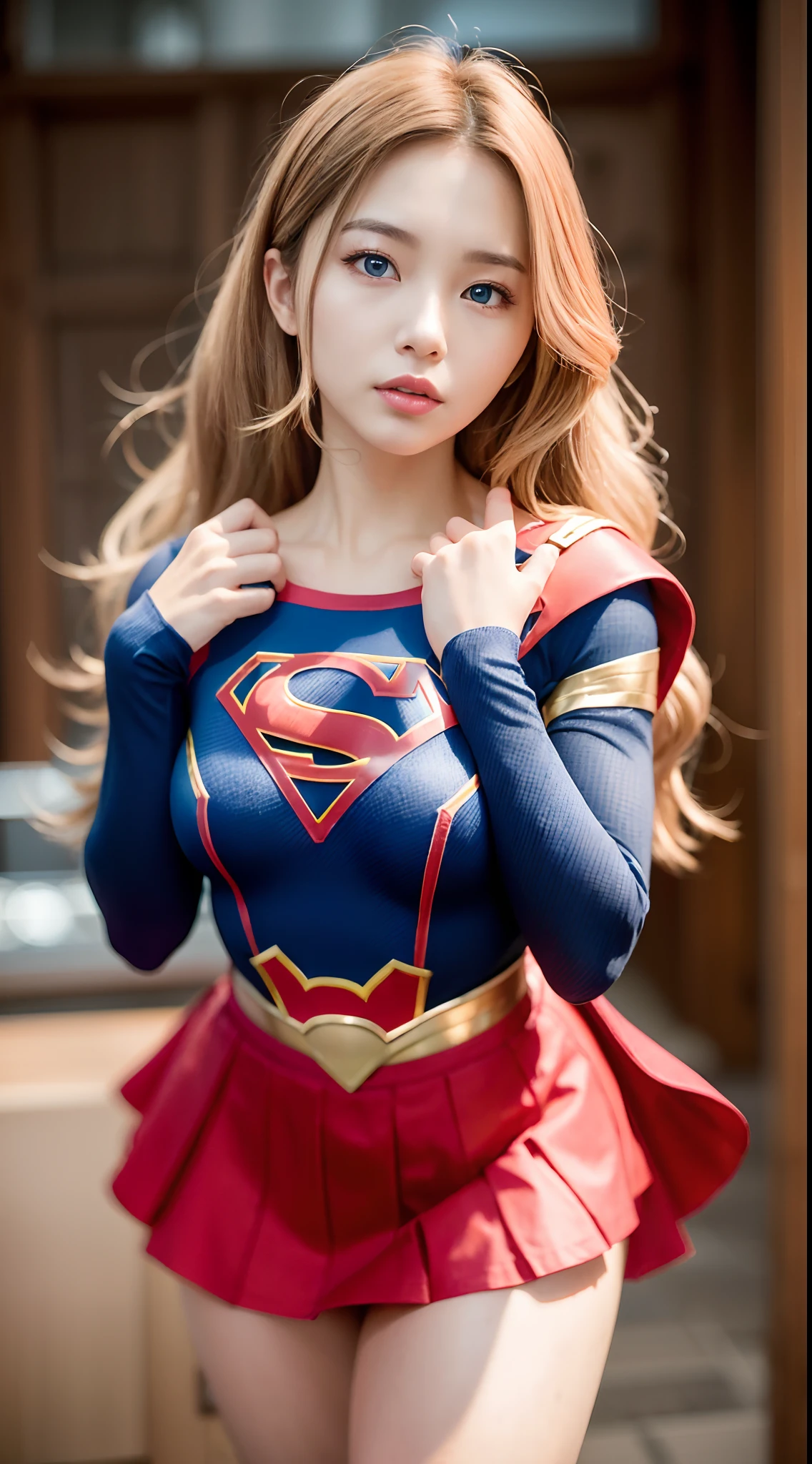 she is super girl、(Wearing a Supergirl costume dress)、Contrary to the beautiful face、Defending the peace of the earth with a strong sense of justice and courage、pantie shot、((((skirt lift by yourself))))、(Grabbing the skirt)、hiquality、8K、An ultra-high picture quality、((Ultra Reality))、 A hyper-realistic、masutepiece, 1girl in, reallistic、skins、Texture、Looking at Viewer、Korean actress、 dual、Blonde wavy long hair、(((Blue eyes)))、highlydetailed skin、Highly detailed lighting、