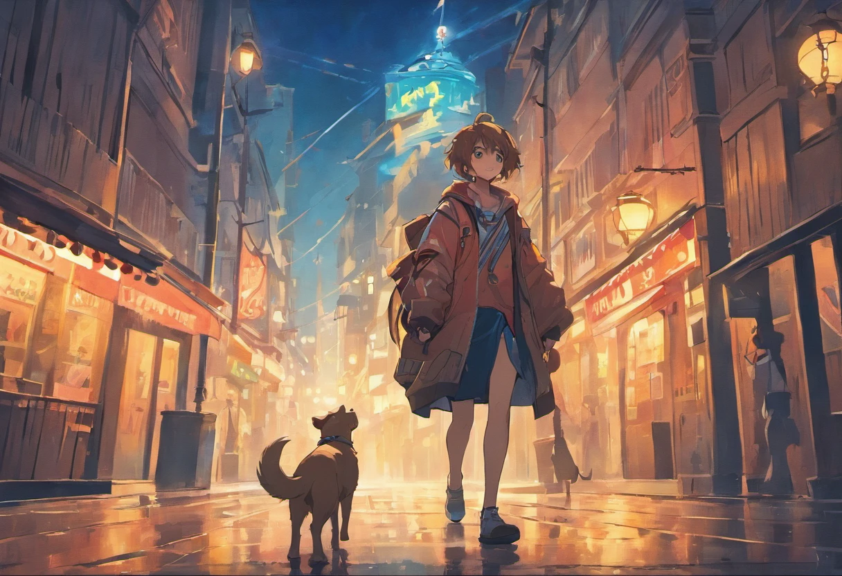 A Man carrying a Guitar on his Shoulder leads a dog standing next to an electric lamppost,hand painted style