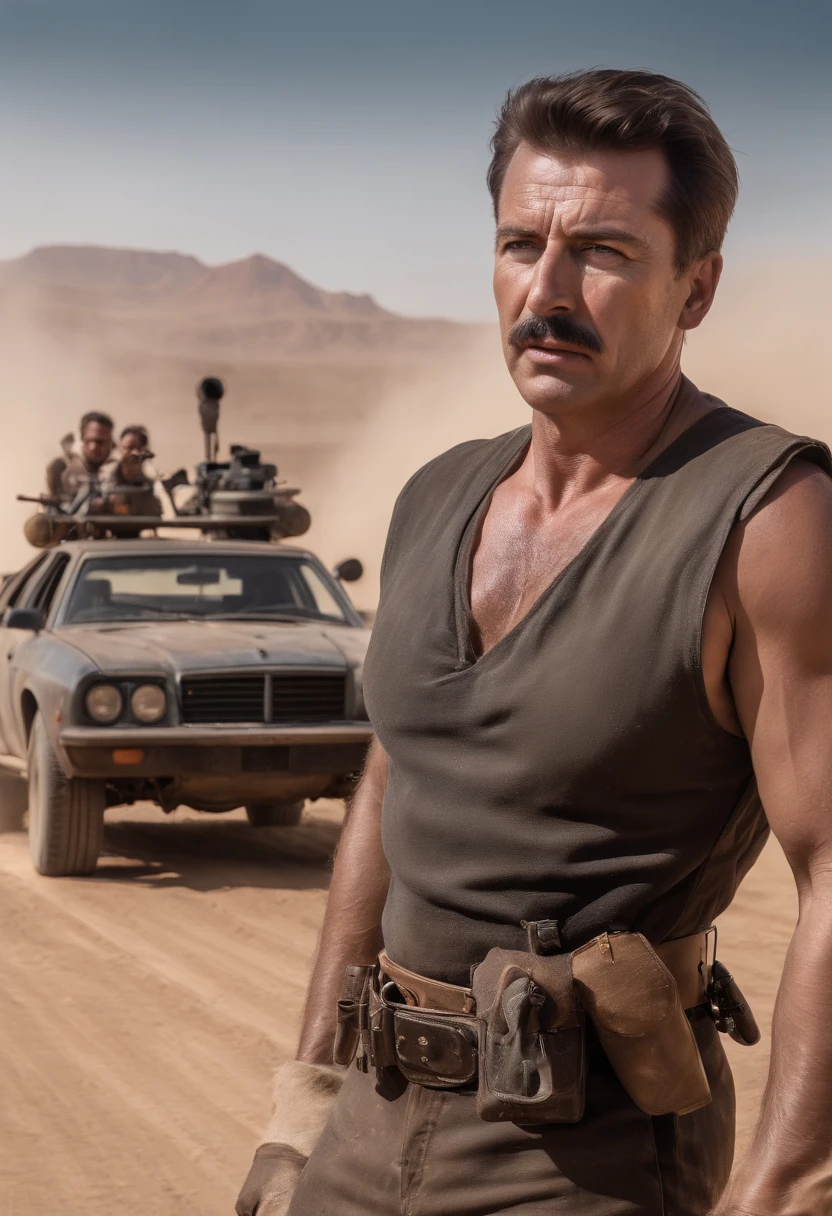 8 0's movie poster art, , 8 0's movie poster, classic , mad max poster , Stalin Joseph as Mad Max ,   ultra sharp focus, realistic shot, (scar:1.4)
