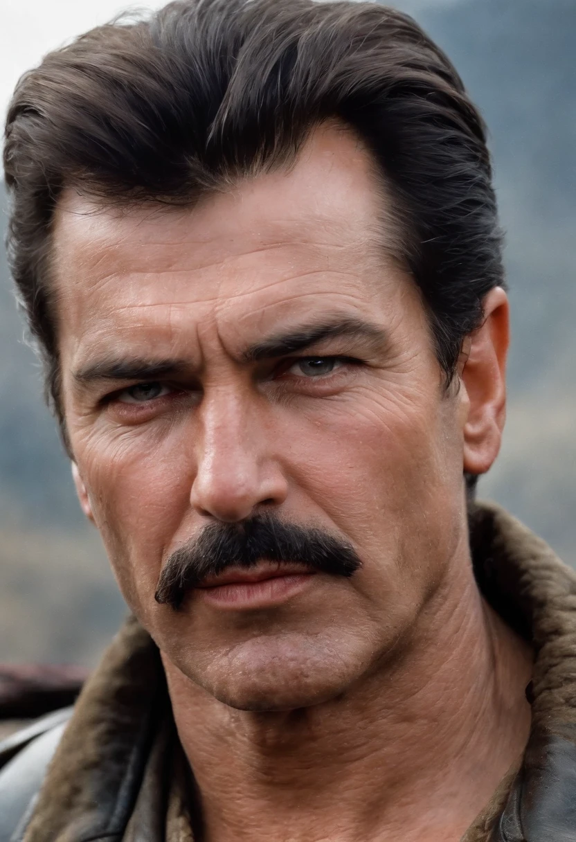 8 0's movie poster art, , 8 0's movie poster, classic , mad max poster , Joseph Stalin as Mad Max , ultra sharp focus, realistic shot, (scar:1.4)