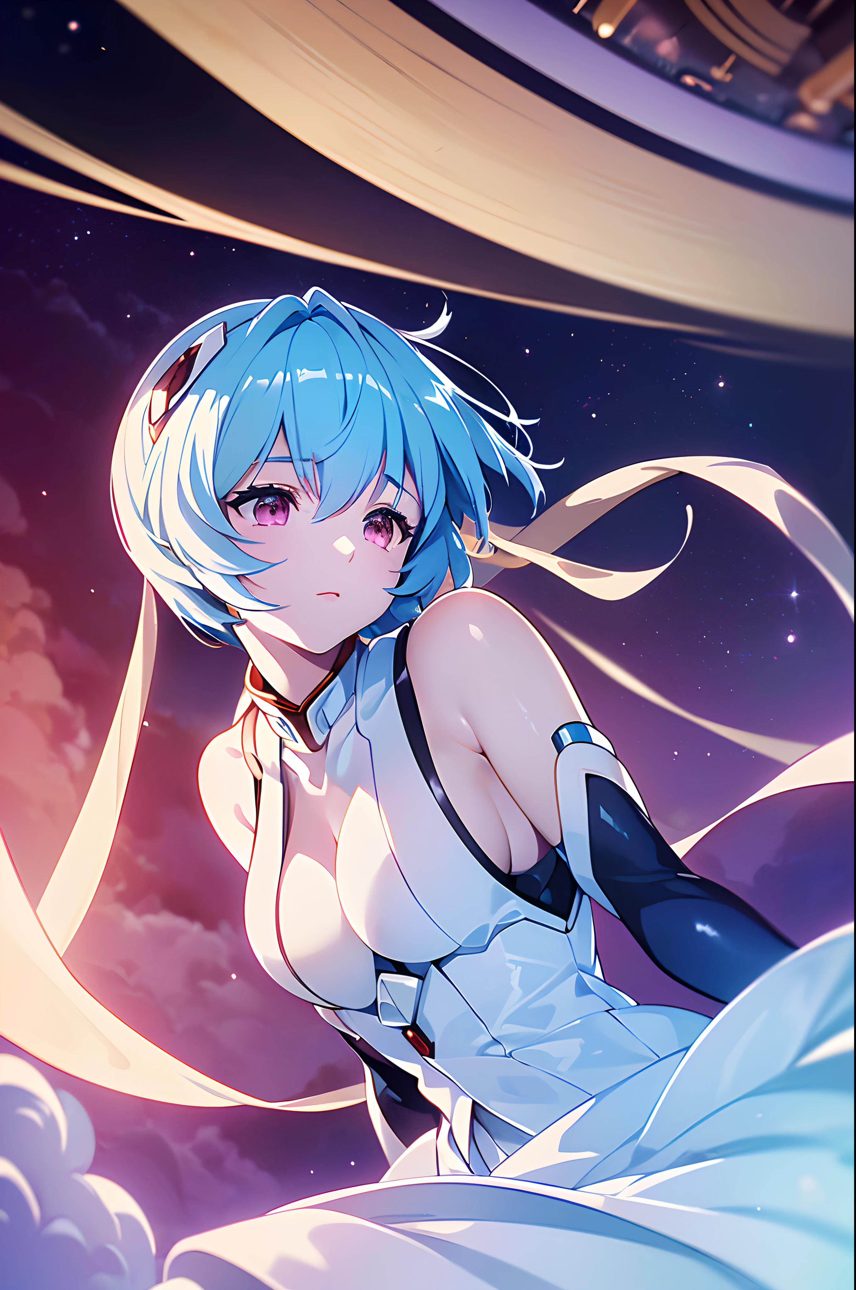 (((ayanami rei:))),headgear,1girl,solo,(masterpiece,best quality, official art,aim to viewers, beautiful and aesthetic:1.2),(ultra high res,spiral, golden ratio, (4k), see from above,((above the earth)),floating,dynamic lighting, natural lighting,(photon mapping, radiosity, physically-based rendering,automatic white balance), technological sense,Amazing,sharp focus,rich background, (((high detailed skin,)))dynamic lighting,intricate detailed outfit,glowing eyes,watery eyes,((short hair,))deadpan, skiny,  turtle neck, short skirt,button shirt,(masterpiece sidelighting),(bishoujo,lustrous),(sky blue hair,pink eyes,）[[delicate fingers and hands:0.55]::0.85],(detail fingers),(((Ultra Photographic Quality,ultra wide angles)))),((incredibly absurdres)),bust shot,((extremely_detailed_eyes_and_face)),(disheveled hair),FilmGirl,(dynamic configuration: 1.4),dreamy, magical,Looking out from the space station, the landscape would be breathtaking. The station would be located in the midst of an endless expanse of dark,with a distant planet visible on the horizon, covered in swirling clouds