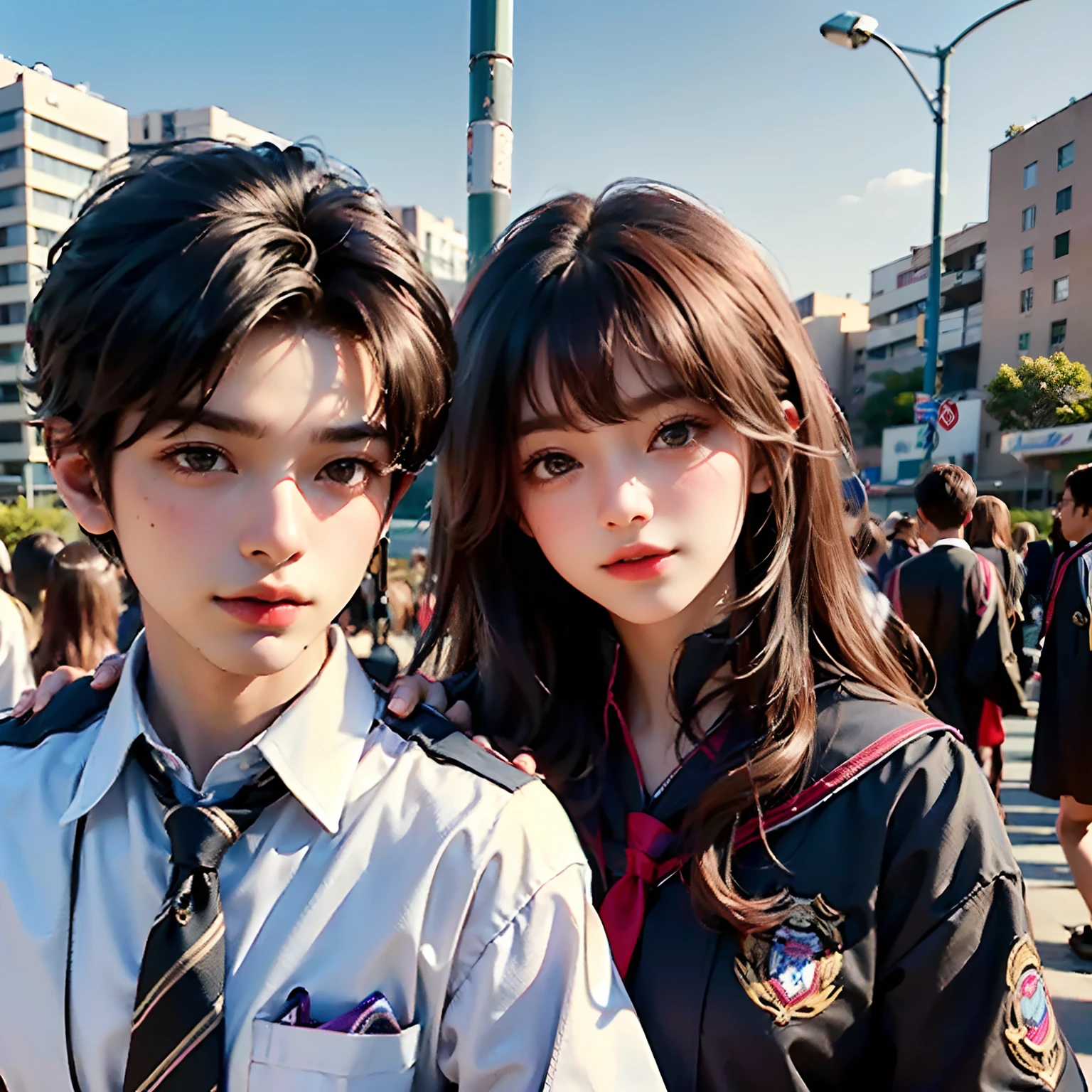 (best quality），（HD 8K），（Realistic），（（A boy puts his arm around a girl for a photo）），（（Vestindo uniforme de solteiro）），（（s sussurram nos ouvidos dos meninoe backdrop is the graduation ceremony，ser reservado，（Obras）
