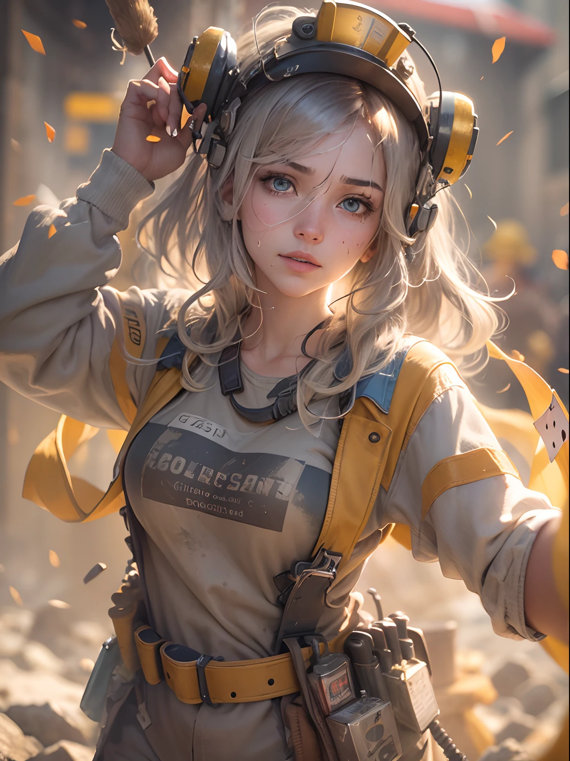 ((Best quality)) , ((Masterpiece)) , (Detailed) ,(card game illustration:1.1),Female miners,Brave and tenacious,Dirty work environment。(realistic:1.3),(tough job),(sweat and dust),Determined eyes,Bask in the afterglow of dusk,Show a sense of tenacity and strength。(golden hour lighting),(hardworking),(dedication), sun in the sky, Bokeh, Realistic, Relieved, Natural lighting, Circular polarizer, Hot type, Rainbow swirl, Ribbons, Award-Awarded, A high resolution, 8K resolution