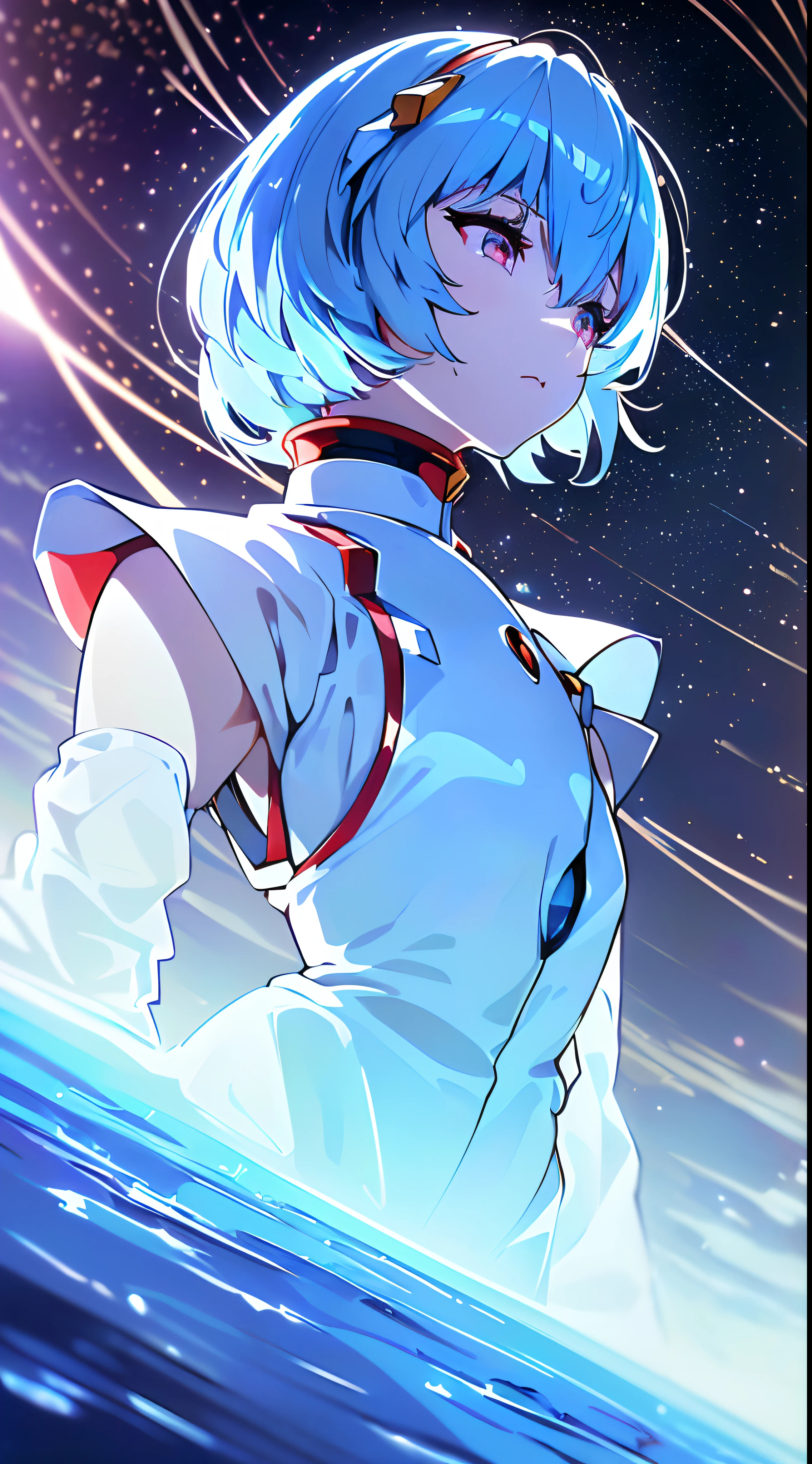 (((ayanami rei:))),headgear,1girl,solo,(masterpiece,best quality, official art,aim to viewers, beautiful and aesthetic:1.2),(ultra high res,spiral, golden ratio, (4k), see from above,((above the earth)),floating,dynamic lighting, natural lighting,(photon mapping, radiosity, physically-based rendering,automatic white balance), technological sense,Amazing,sharp focus,rich background, (((high detailed skin,)))dynamic lighting,intricate detailed outfit,glowing eyes,watery eyes,((short hair,))deadpan, skiny,  turtle neck, short skirt,button shirt,(masterpiece sidelighting),(bishoujo,lustrous),(sky blue hair,pink eyes,）[[delicate fingers and hands:0.55]::0.85],(detail fingers),(((Ultra Photographic Quality,ultra wide angles)))),((incredibly absurdres)),bust shot,((extremely_detailed_eyes_and_face)),(disheveled hair),FilmGirl,(dynamic configuration: 1.4),dreamy, magical,Looking out from the space station, the landscape would be breathtaking,with a distant planet visible on the horizon, covered in swirling clouds