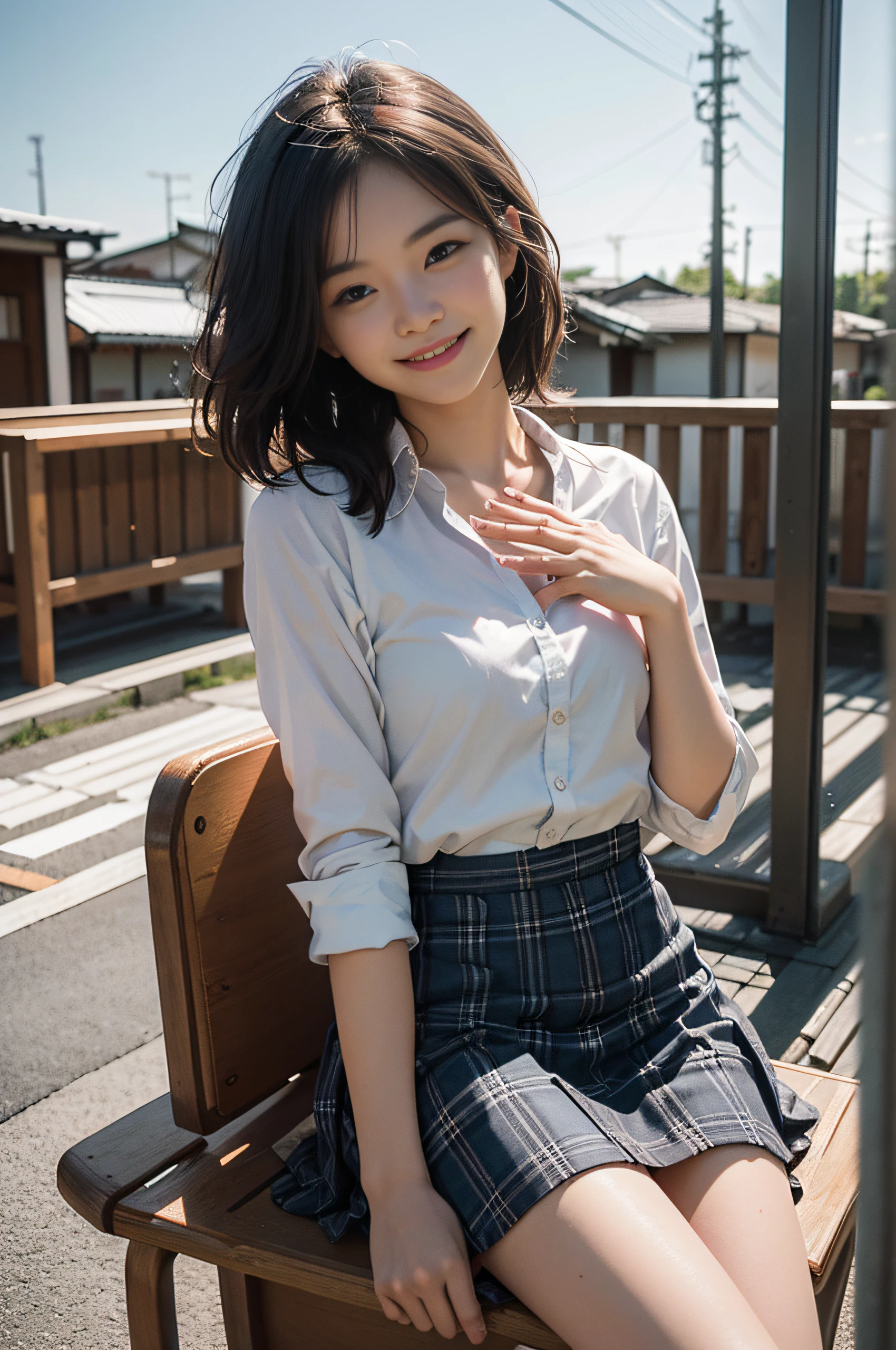 Top image quality、超A high resolution、masutepiece、Photoquality(photographrealistic:1.8)、pores、accuracy、Japan women、17 age、Girl Smile、A dark-haired、Cute dimples、Non-makeup、Medium Hair、Boyish girl、Slender girl、Smaller chest、Flat-breasted、laugh face、Have a good laugh、Look straight at me、hi-school girl、snow-white blouse、blue tie、gingham checked skirt、Open your hands、Japan houses、Sitting on the porch、mosquito coil、laugh face、Have a good laugh、Facing the front、Midsummer Sun、Hot summer days、Sweaty skin、reflective light、