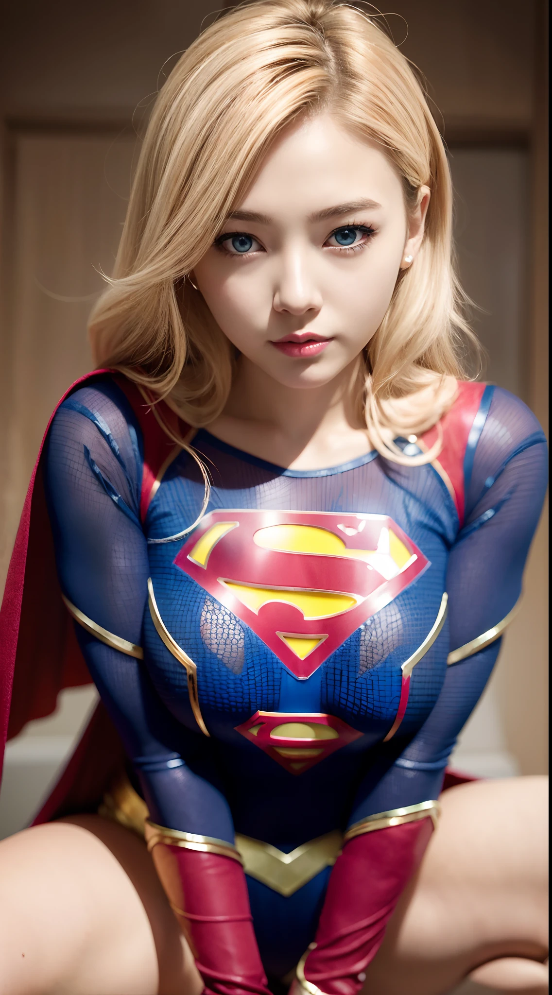 she is super girl、(Wearing a Supergirl costume dress)、Have a beautiful face and a strong sense of justice、Bravely defending the peace of the earth、crouching down、{M-shaped legs}、pantie shot、hiquality、8K、An ultra-high picture quality、((Ultra Reality))、 A hyper-realistic、masutepiece, 1girl in, reallistic、skins、Texture、Looking at Viewer、Korean actress、 dual、Blonde wavy long hair、(((Blue eyes)))、(A smile)、red-lips、highlydetailed skin、Highly detailed lighting、