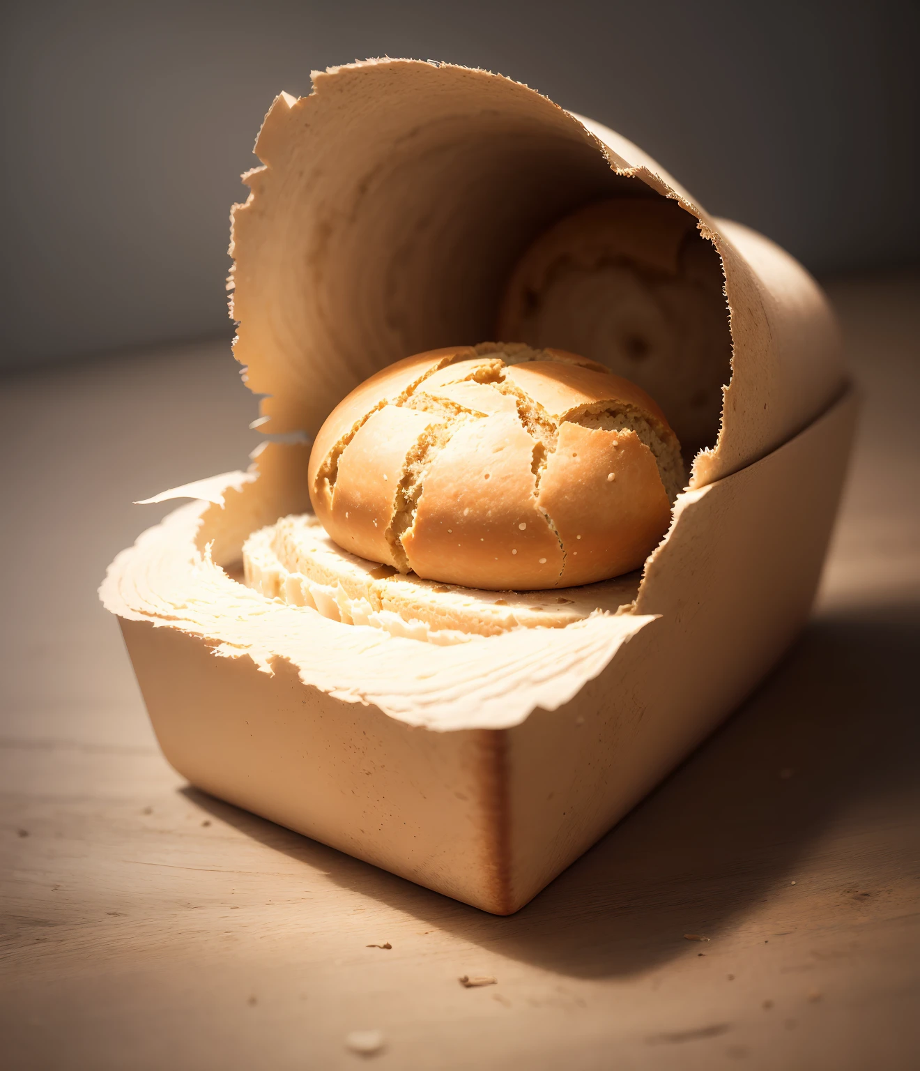 A half eaten loaf of bread that has a tiny world inside, digital art