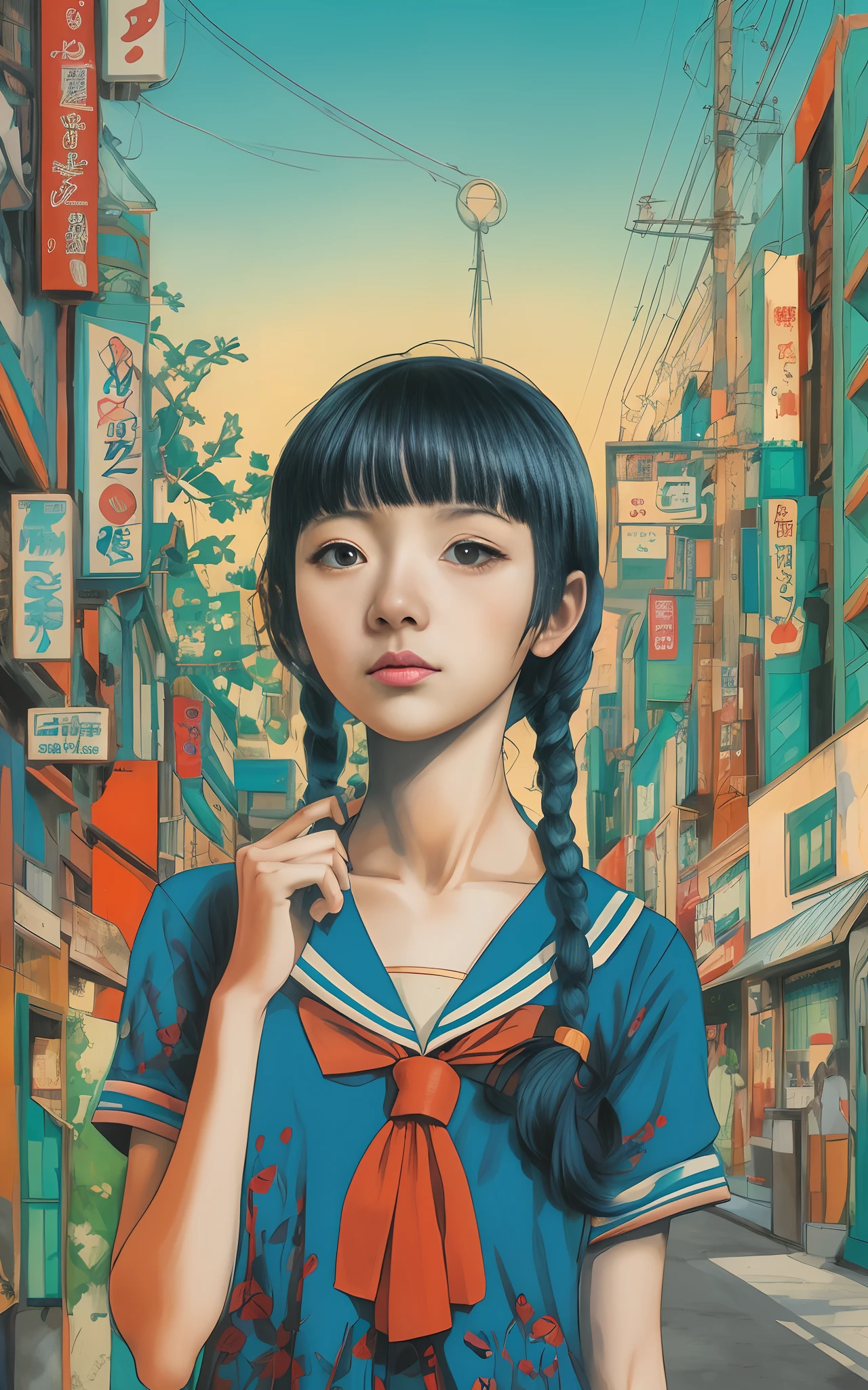 Painting of a woman in sailor's uniform standing on the street, satoshi kon artstyle, shintaro kago, pop japonisme 3 d ultra detailed, Inspired by Yuko Shimizu, Kazuo Umetsu artwork, josan gonzales, inspired by Satoshi Kon, inspired by Josan Gonzalez, japanese popsurrealism, josan gonzales