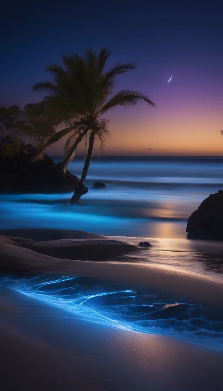 a deserted beach with blue lights on it, in the style of dynamic energy flow, realistic anamorphic art, i can't believe how beautiful this is, poolcore, precisionist lines, glitter, afro-caribbean influence --ar 9:16