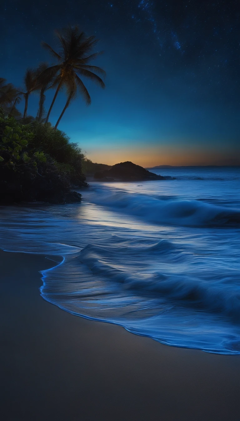 a deserted beach with blue lights on it, in the style of dynamic energy flow, realistic anamorphic art, i can't believe how beautiful this is, poolcore, precisionist lines, glitter, afro-caribbean influence --ar 9:16