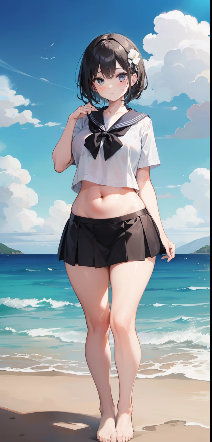 masterpiece（（tmasterpiece））, a woman，（white color short shirt），（black short skirt）），（ultra detailed sea），perfect anatomy，is shy，（perfect belly）beautiful eyes，thick legs, thick thighs ，（seaside）, standing，（facing the sea），Navel open，No shoes, viewer's view