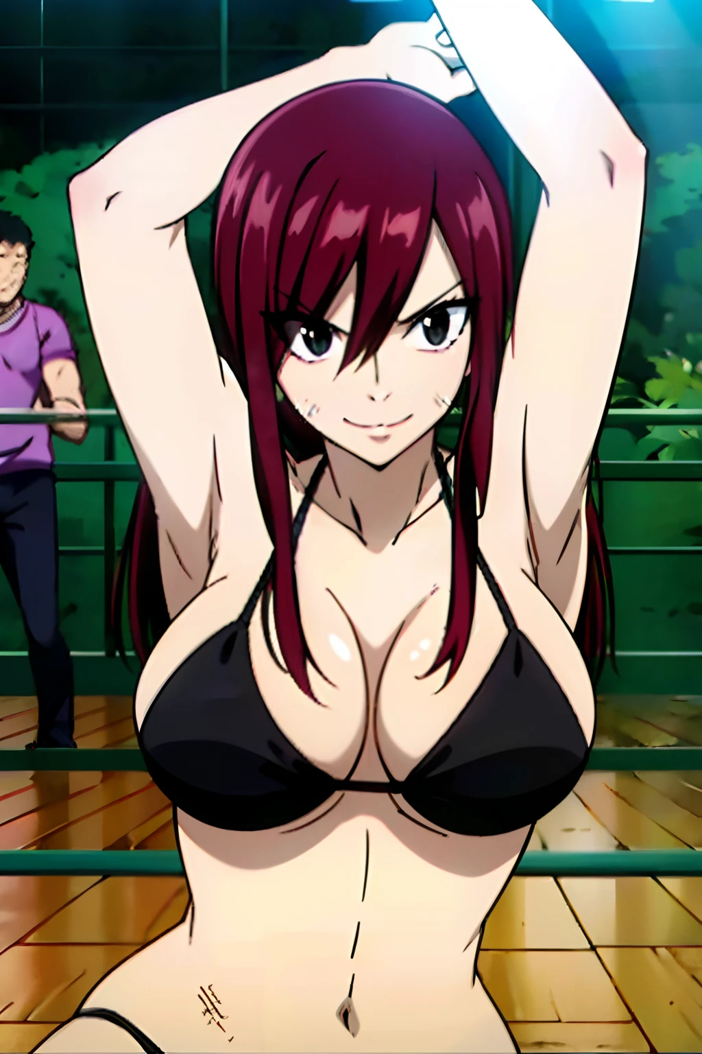 best quality, hires, Scarlet erza, (tiny black bikini only), location: wresting colosseum with crowd watching, adult woman, big breasts, lying down, cowboy shot, best quality, ((right shoulder)), slightly strong arms, looking at viewer, important: shoulder tattoo only), big smile, (broad shoulders, strong arms), perfect body, no injuries, knocked down, clean body, from left side, win pose, ((opens her arms wide, slightly stretching))