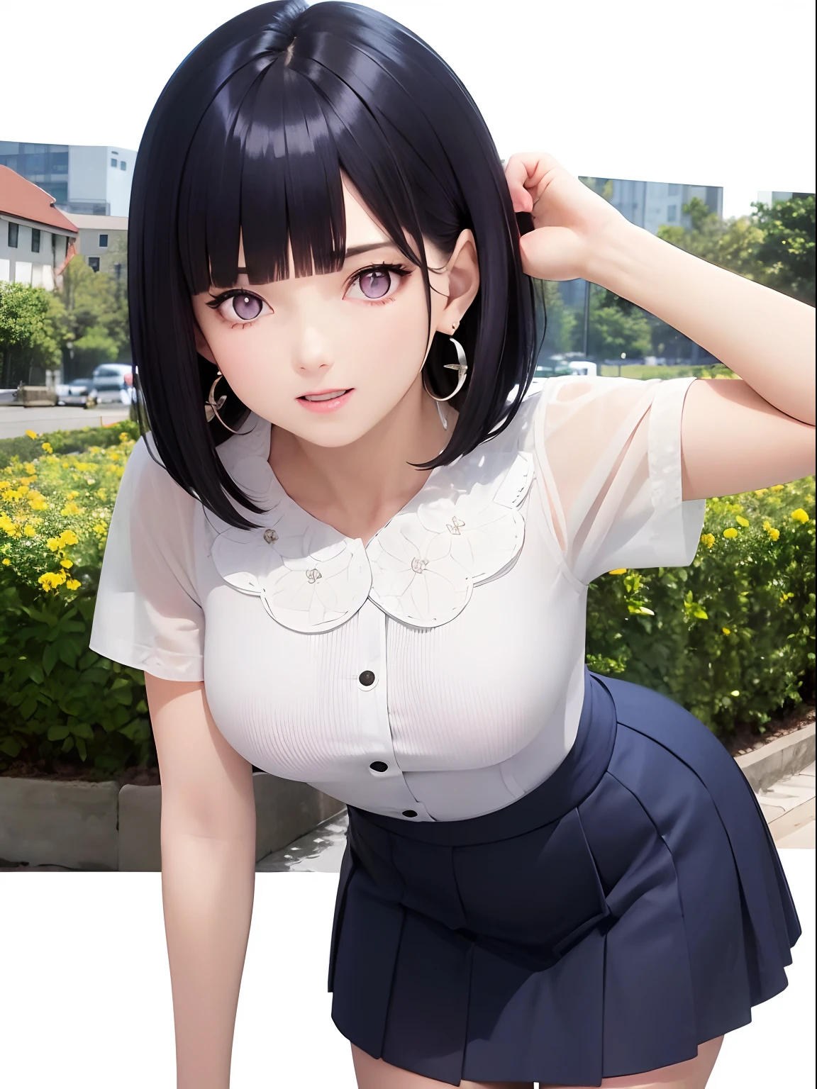 (masterpiece:1.3), (best quality:1.3), high resolution, 


couboy shot, 
leaning forward, body facing forward, lookinng at viewer, 

(one cute girl:1.3), solo, 
white skin, eight-headed person, 
Dark blue hair, (bobbed hair:1.2), (short hair:1.1), (blunt bangs:1.2), beautiful hair, purple eyes, beautiful detailed eyes, 

open mouth, heart, cheerful smile, 

short dress, white and blue clothes, miniskirt, earrings, 

flower garden, (white background:1.2), 

shadowlighting,