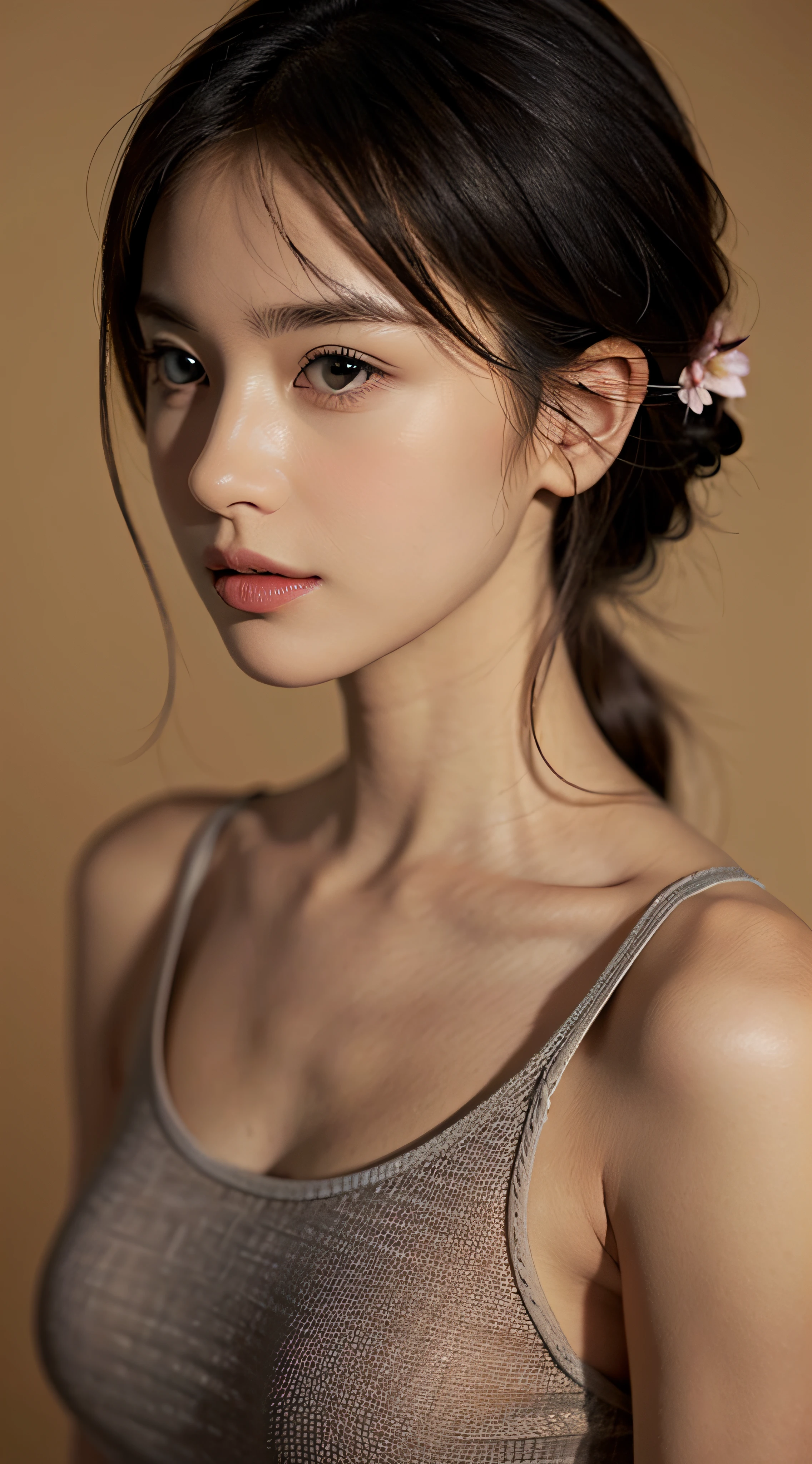 High resolution, High level image quality, high detail,, anatomically correct, sharp, gray bacKground、((Japanese)), 16talent、alone,snow-white sKin,fair sKin、plump lips、very cute、(((small breasts、small breasts)))、nude、Protruding chest、Asserting breasts、An ennui looK、 well-shaped chest, mesh brown hair、twin tails:1.3、short hairのtwin tails:1.1、short hair、nude、stylish blacK dress:1.3、(((stand upright, facing the center of the screen.))) ((upper body angle))、RAW photo、highest quality、super resolution、best image quality、masterpiece、8K