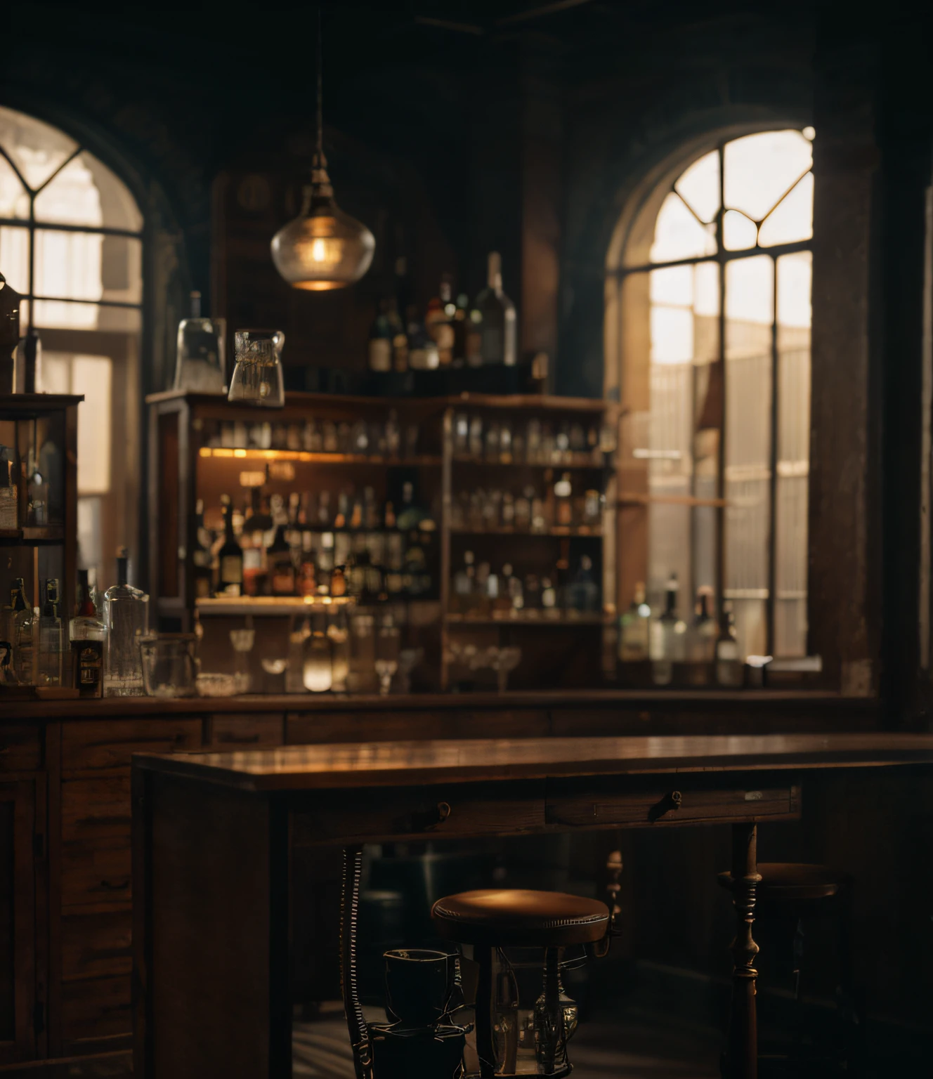 there is a bar with a stool and a shelf with bottles, speakeasy bar background, cozy dark 1920s speakeasy bar, in a darkly lit laboratory room, in a steampunk laboratory, dimly lit cozy tavern, magic laboratory setting, dimly-lit cozy tavern, mysterious laboratory, 1 9 2 0's style speakeasy, set photo