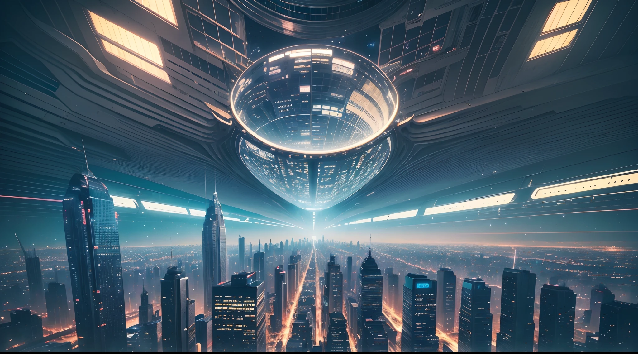 A sky full of stars。(((Chilly futuristic cityscape))),(Irregular building,),Machinary,(cyber punk perssonage),(((Air orbit,Viaducts around the city))),UAVs,realistic illumination,(Abyss)tmasterpiece,high qulity,Beautiful graphics,high detal,