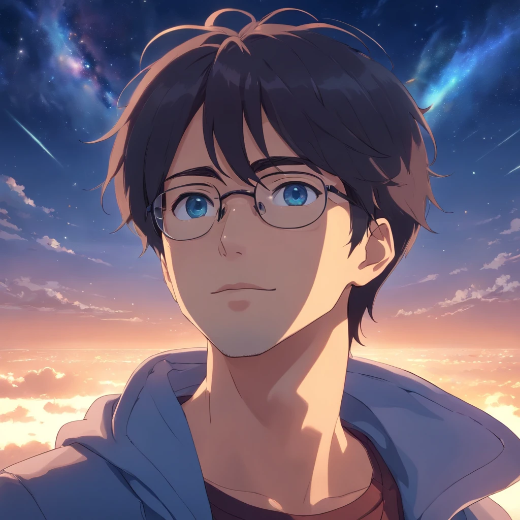 Film quality, One Man in Heaven, close-up, murky, softlighting, starrysky, Handsome man with round glasses, look at viewr, blue eyes, A dark-haired, Blackbeard