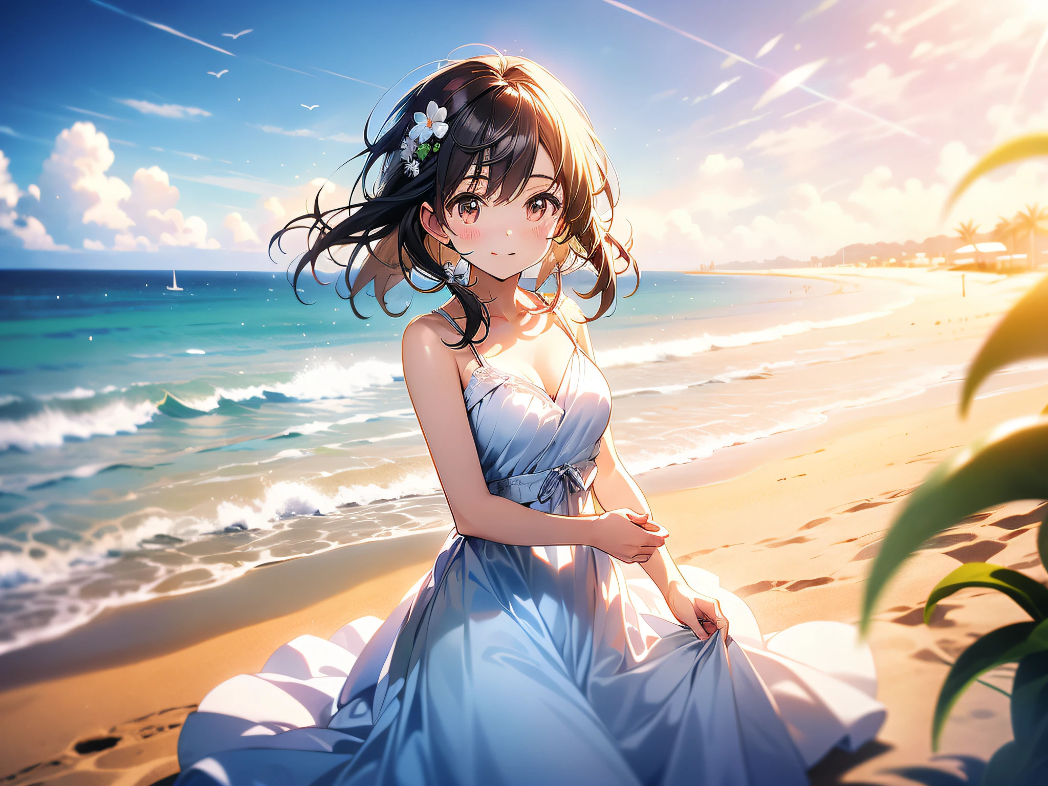 in 8K、top-quality、masterpiece、ultra-detailliert、Ultra-high resolution、Anime style、1人の女性、White sandy beach、White Dress、lensflare