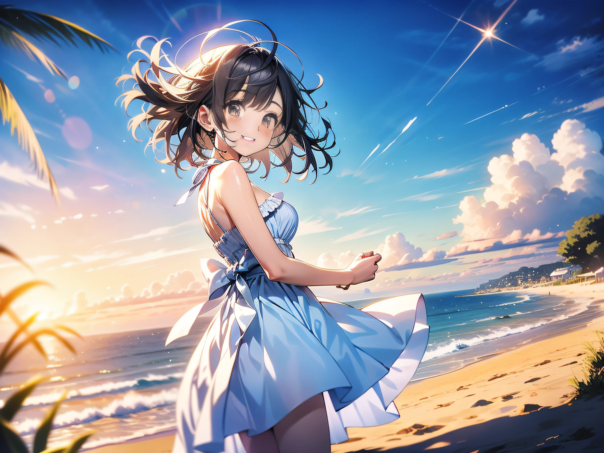 in 8K、top-quality、masterpiece、ultra-detailliert、Ultra-high resolution、Anime style、1人の女性、White sandy beach、White Dress、lensflare