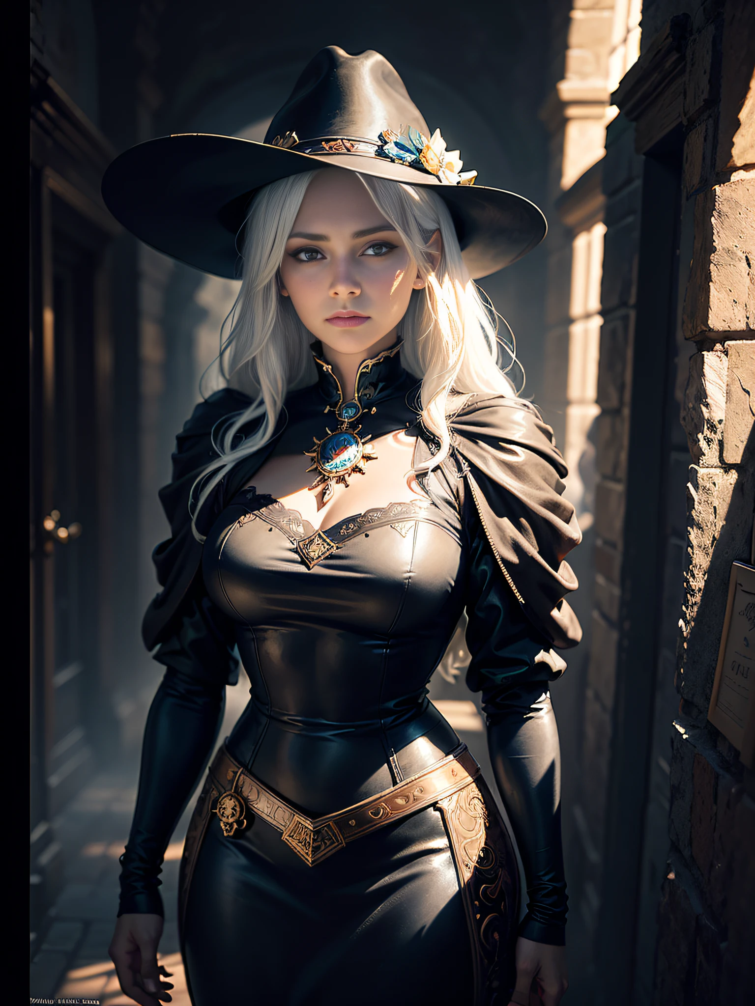 (Surrealist portrait of a woman), (dark fantasy art: 1.6), David Hockney and Alphonse Mucha's style, Amazing realism, Dynamic lighting, 4K resolution, high detailed facial features, Award-winning, Cowboy Shot, (official clothing: 1.4), long, White hair, Deep Shadows.