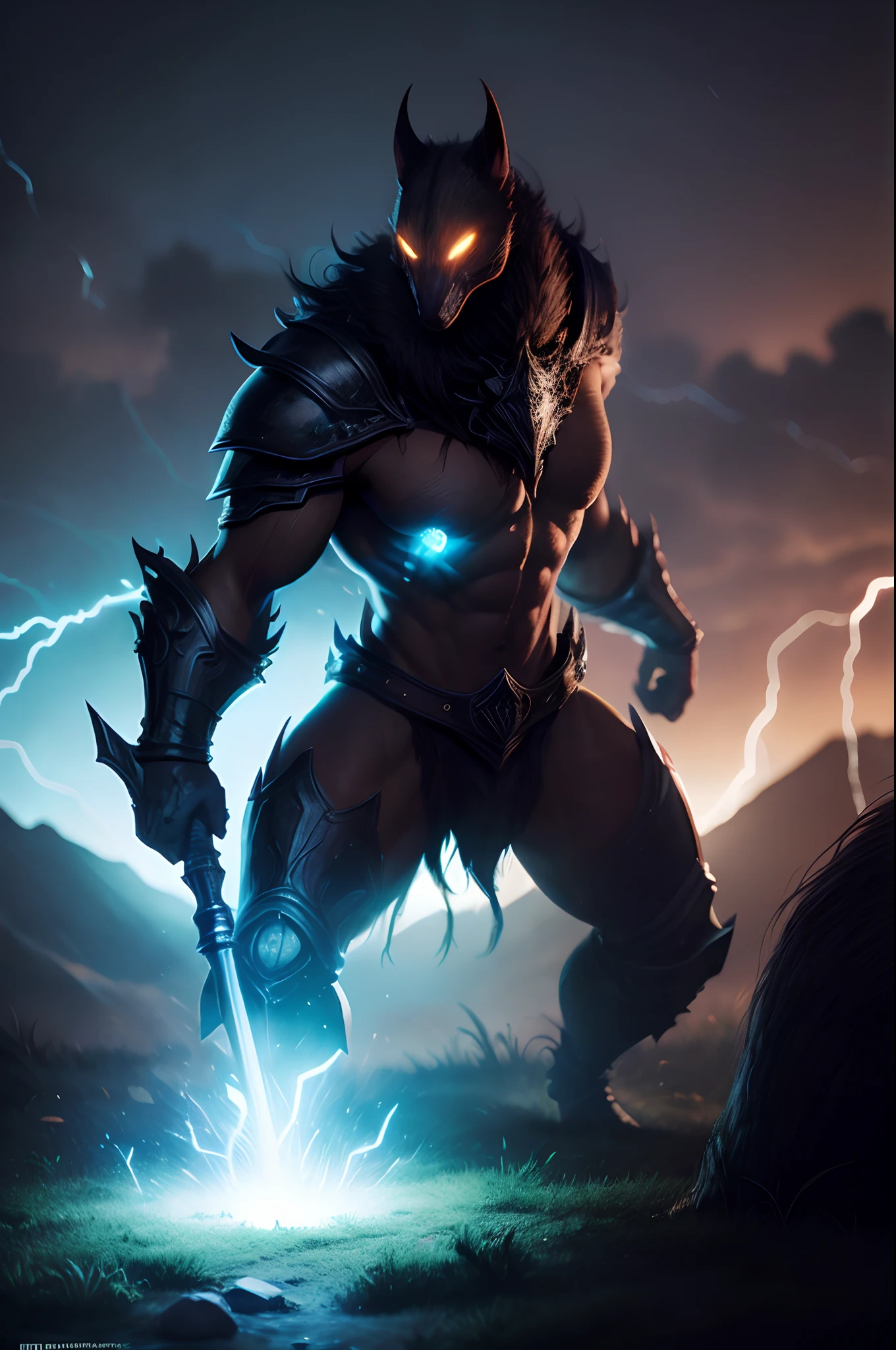 um close up de um monstro com uma espada em um campo, um lobo minotauro, Epic Fantasy Digital Art Style, Epic fantasy art style, Arte de fantasia 4k, arte fantasia behance, epic fantasy HD art style, lobisomem musculoso, Arte de fantasia 8k, Berserker Potrait, arte de fantasia digital 2d detalhada, epic fantasy art
