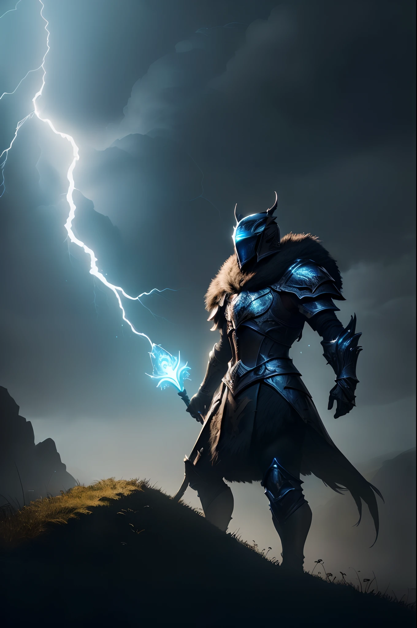 Arafed cavaleiro em armadura com uma espada e um raio, wearing thunder armor, Detailed lighting and thunder, luz saindo da armadura, cinematic front lightning, do videogame Vermintide 2, cavaleiro da fantasia forte, Unreal Engine Arte de fantasia, epic stark lighting, epic dramatic lighting, Raziel IRL, luzes brilhantes na armadura, dramatic epic cinematic lighting