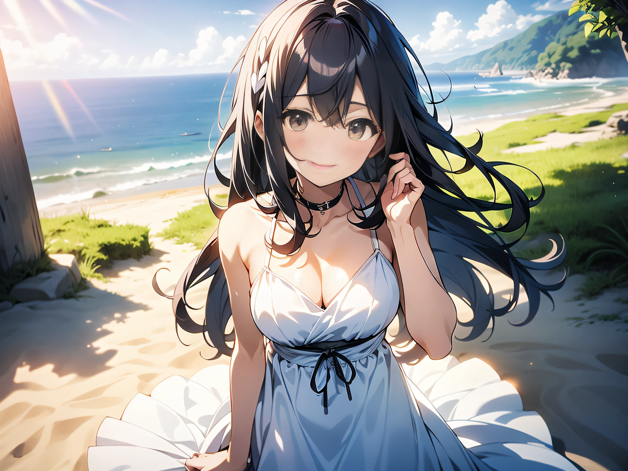 in 8K、top-quality、​masterpiece、ultra-detailliert、Ultra-high resolution、Anime style、1人の女性、White sandy beach、White Dress、lensflare