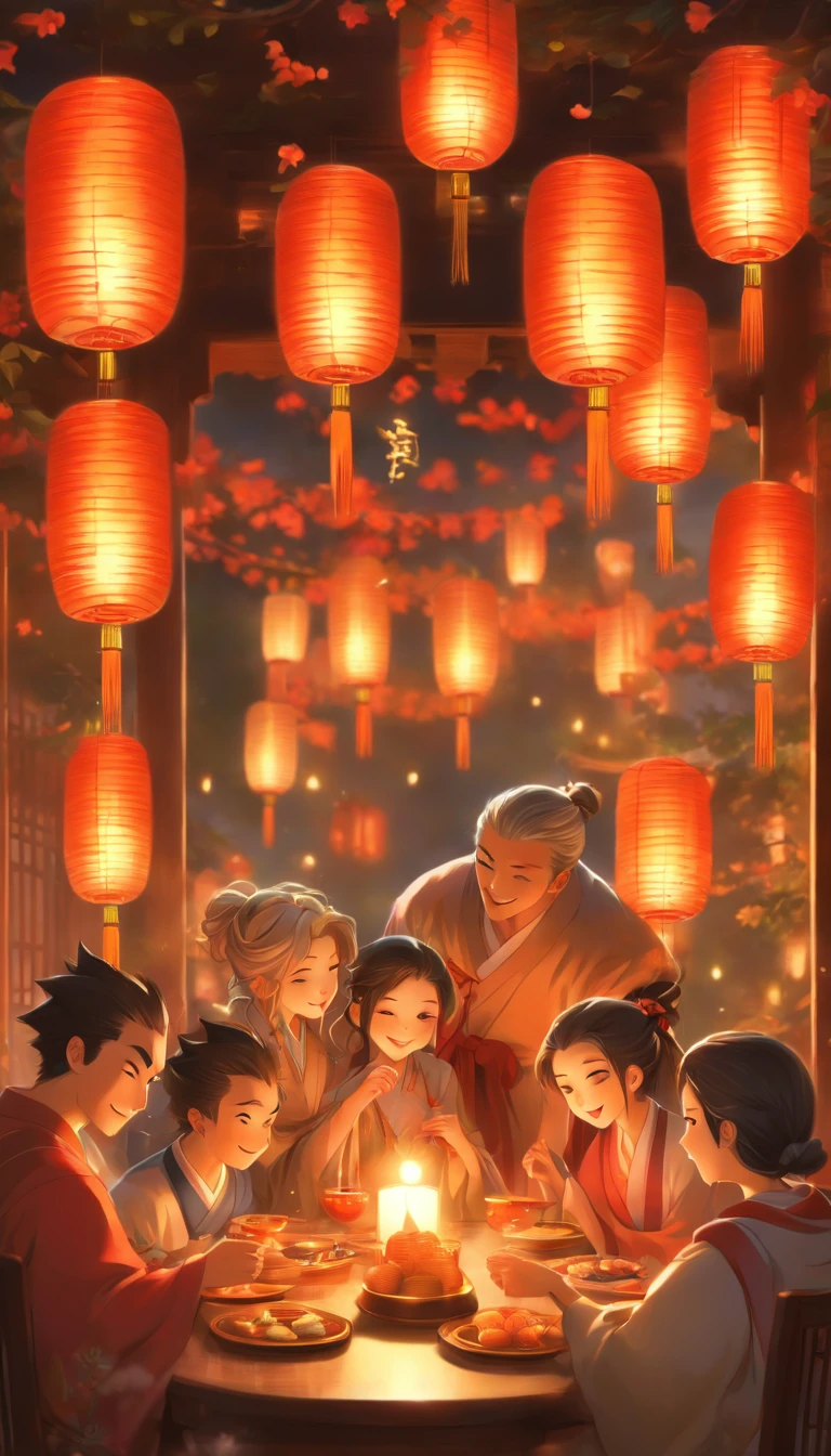 The family sits together, Enjoy a festive dinner, Surrounded by a warm and comfortable atmosphere. The room was beautifully decorated，Equipped with lanterns, Symbolizes the joy of the Mid-Autumn Festival. The table is filled with a variety of delicacies, Includes traditional mooncakes. Moonlight shone through the windows, Cast a soft glow on everyone's face. The family laughed and talked, Express their love and happiness on this special occasion. The artwork is created with the finest materials, Such as oil painting or high-resolution digital rendering, Ensure the highest quality and detail. The colors are vivid and vibrant, Create visually stunning representations for holiday celebrations. Well-designed lighting, Focus on capturing the warm and tranquil atmosphere of the evening. The artwork is a masterpiece, With ultra-fine elements and realism, Photorealistic style. The moon in the night sky is depicted as a perfect circle, Represents the full moon of the Mid-Autumn Festival. The scene was full of fun, Love, and togetherness, Capture the essence of the festival.You can see the round moon hanging high