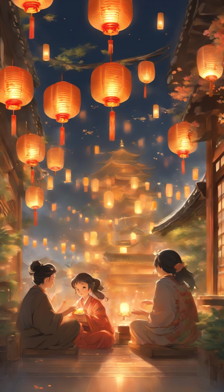 The family sits together, Enjoy a festive dinner, Surrounded by a warm and comfortable atmosphere. The room was beautifully decorated,Equipped with lanterns, Symbolizes the joy of the Mid-Autumn Festival. The table is filled with a variety of delicacies, Includes traditional mooncakes. Moonlight shone through the windows, Cast a soft glow on everyone's face. The family laughed and talked, Express their love and happiness on this special occasion. The artwork is created with the finest materials, Such as oil painting or high-resolution digital rendering, Ensure the highest quality and detail. The colors are vivid and vibrant, Create visually stunning representations for holiday celebrations. Well-designed lighting, Focus on capturing the warm and tranquil atmosphere of the evening. The artwork is a masterpiece, With ultra-fine elements and realism, Photorealistic style. The moon in the night sky is depicted as a perfect circle, Represents the full moon of the Mid-Autumn Festival. The scene was full of fun, Love, and togetherness, Capture the essence of the festival.You can see the round moon hanging high