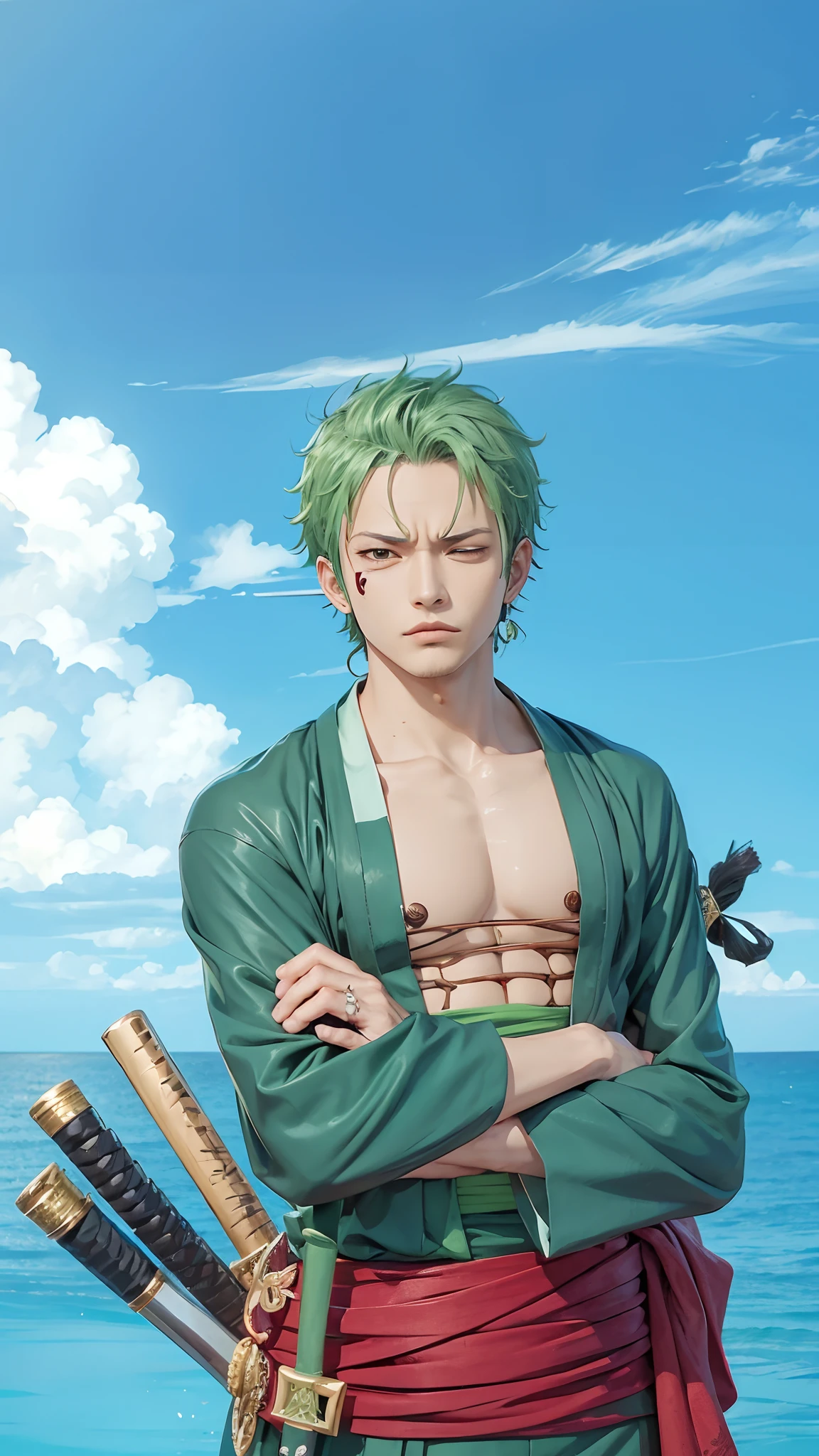 handsome zoro((one piece))3 katana detail,left eye closed,green kimono,earring very detail,