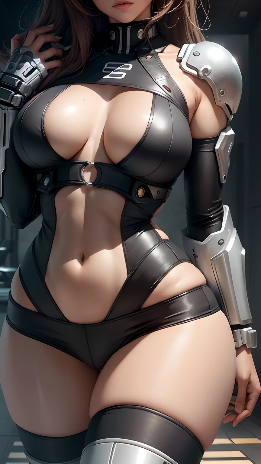Woman body defined thick thighs cybernetic body parts, short underwear