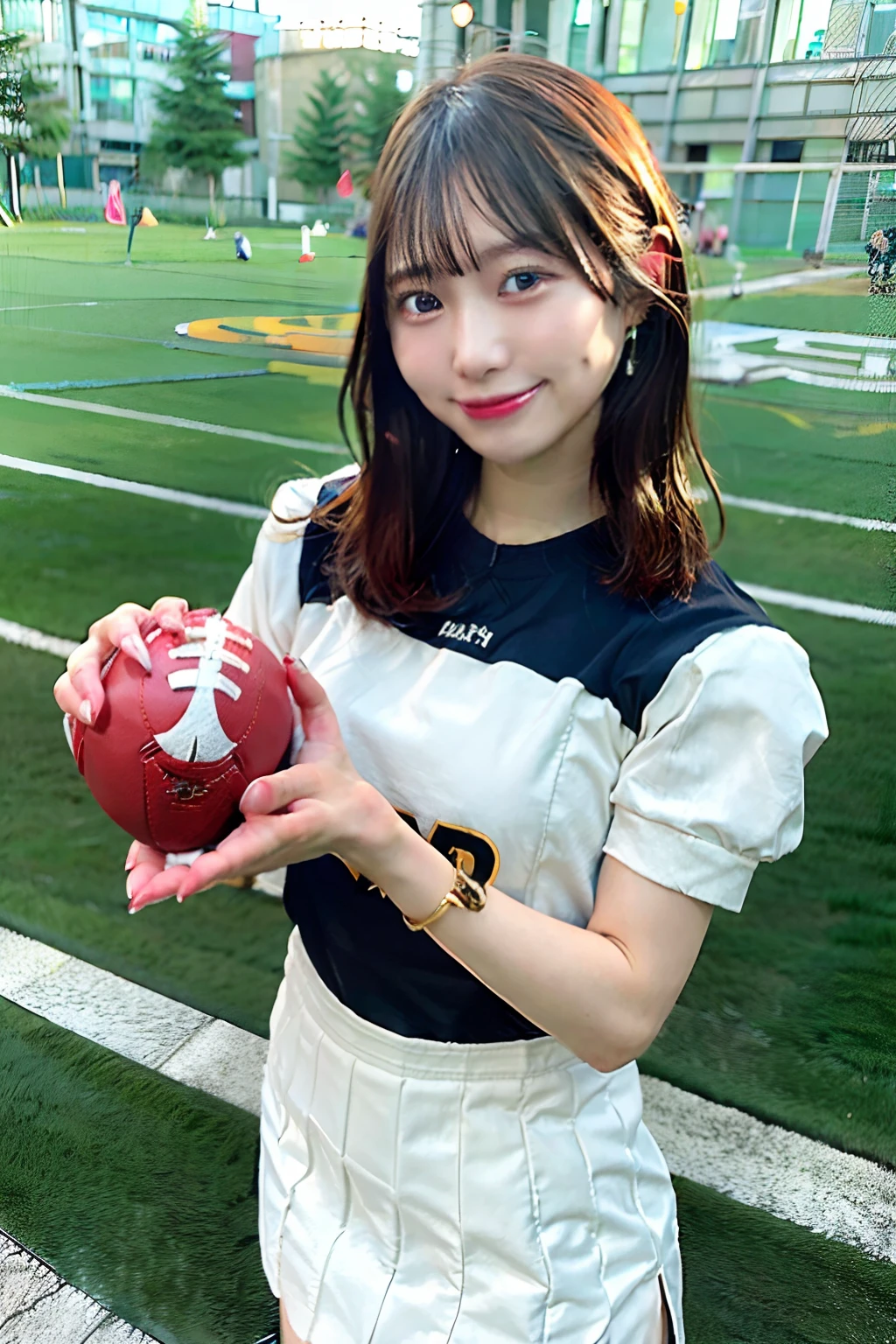 (greybackground:1.5, Close Shot:1), (Photorealistic:1.4), (Best Quality:1.0), (超A high resolution:1.0), 8K, Raw photo, (masutepiece:0.2), 1girl in, Beautiful skin, Detailed skin, Big smile, tusk, (Short hair:1), (football uniform:1.2)a miniskirt