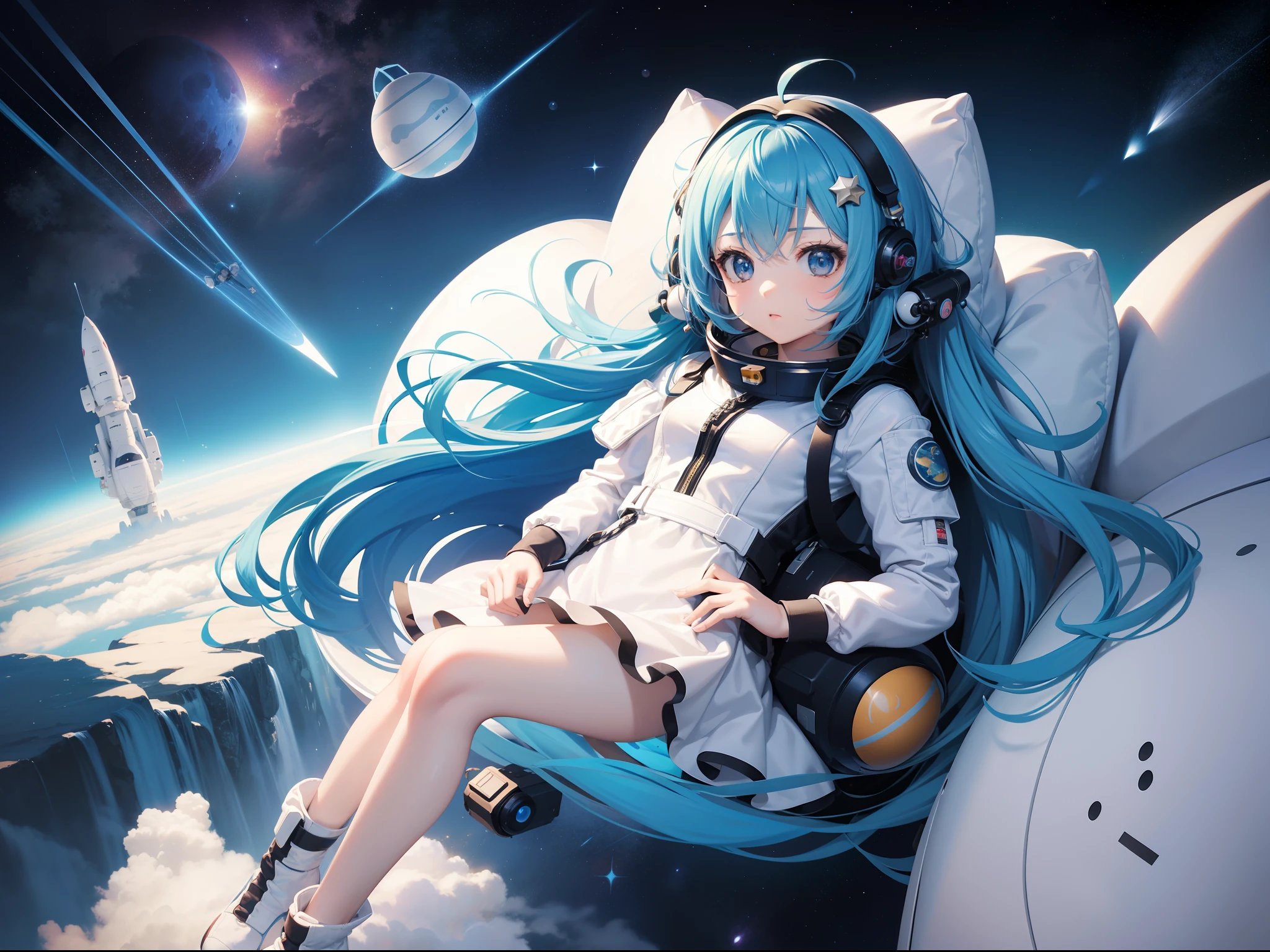 Ride a chibi character's spaceship into space Floating in space in a spacesuit Locket spaceships space suits long hair with blue hair((Chibi Chara))、Fluffy、girl with、Chibi Chara、full body Esbian、Pastel colors hair、masutepiece、top-quality、a moon constellation planet earth