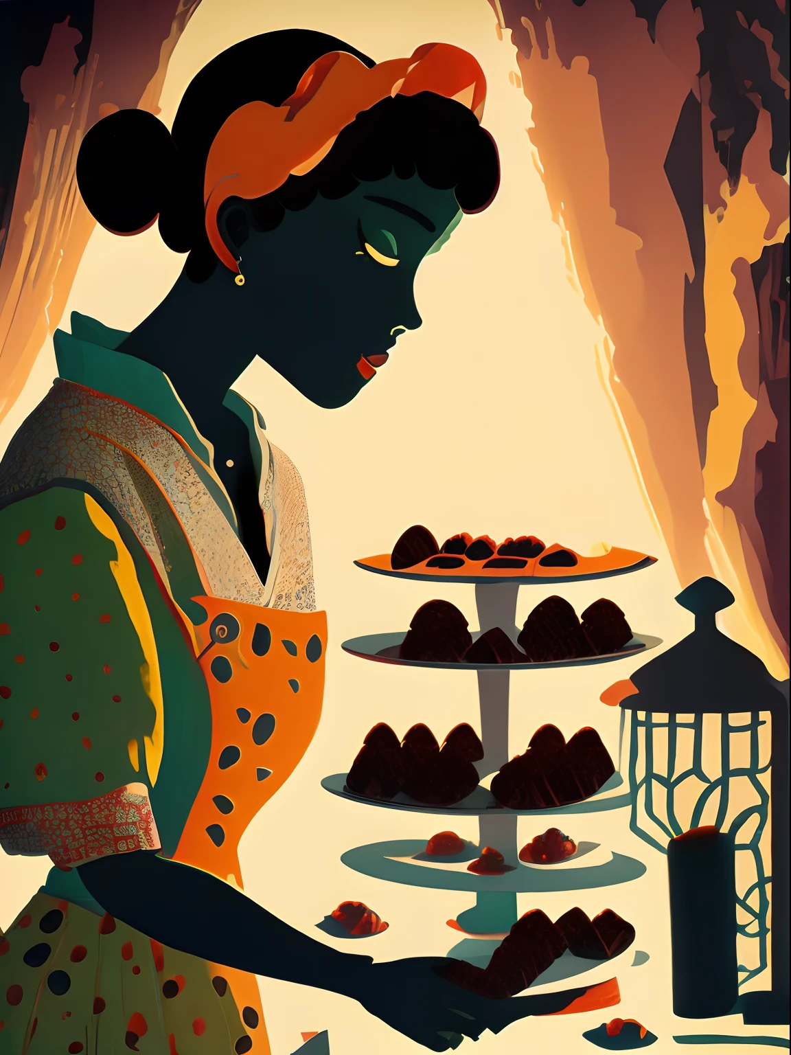 Lotte Reinige Style, a woman baking cookies, colorful