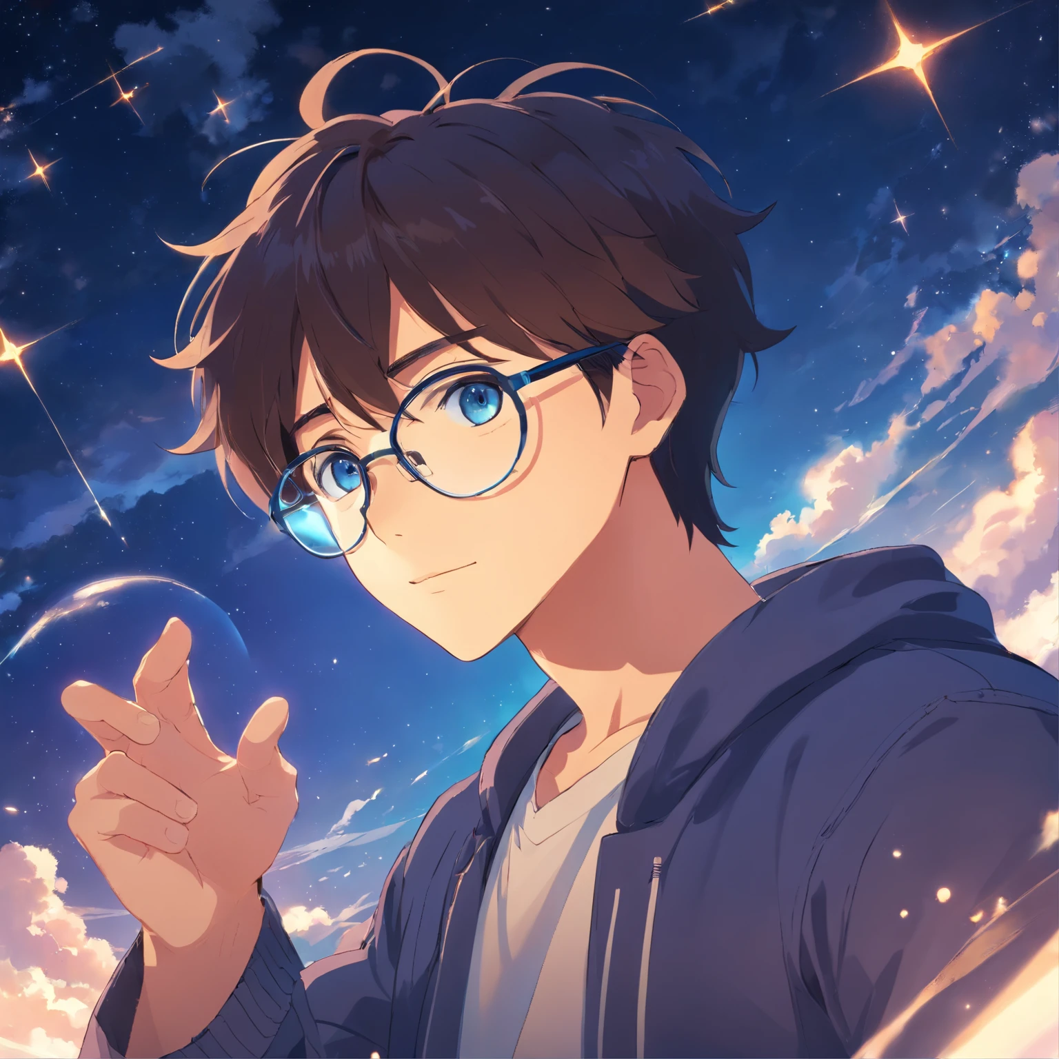 Film quality, One Man in Heaven, close-up, murky, softlighting, starrysky, Handsome man with round glasses, look at viewr, blue eyes, A dark-haired, Blackbeard