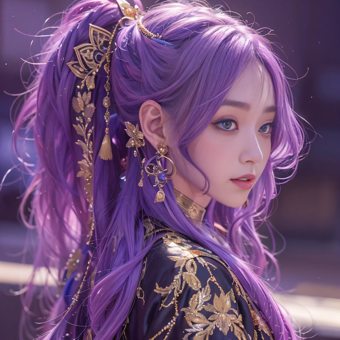 Genki Girl 32K(tmasterpiece,k hd,hyper HD,32K)Long flowing bright purple hair,Autumn Pond,zydink, a color, Asian people (Genki girl), (Silk scarf), Combat posture, looking at the ground, long whitr hair, Floating bright purple, Fire cloud pattern gold tiara, Chinese long-sleeved gold silk garment, (Abstract metaverse splash:1.2), white backgrounid,Lotus vitality protector(realisticlying:1.4),Bright purple hair,Smoke on the road,The background is pure, A high resolution, the detail, RAW photogr, Sharp Re, Nikon D850 Film Stock Photo by Jefferies Lee 4 Kodak Portra 400 Camera F1.6 shots, Rich colors, ultra-realistic vivid textures, Dramatic lighting, Unreal Engine Art Station Trend, cinestir 800,A girl with long flowing bright purple hair