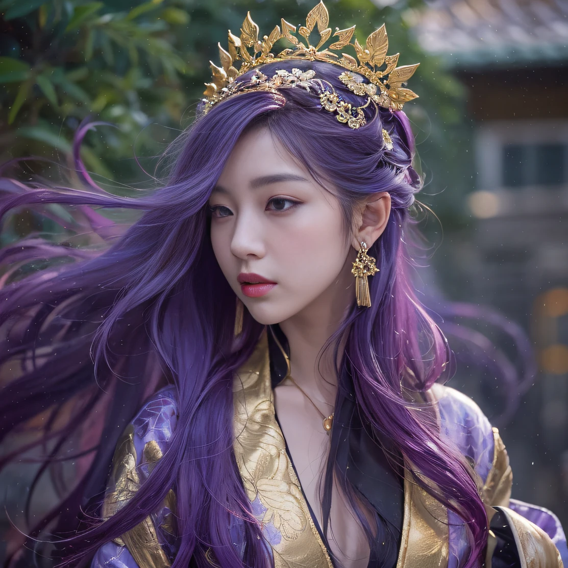 Genki Girl 32K（tmasterpiece，k hd，hyper HD，32K）Long flowing bright purple hair，Autumn Pond，zydink， a color， Asian people （Genki girl）， （Silk scarf）， Combat posture， looking at the ground， long whitr hair， Floating bright purple， Fire cloud pattern gold tiara， Chinese long-sleeved gold silk garment， （Abstract metaverse splash：1.2）， white backgrounid，Lotus vitality protector（realisticlying：1.4），Bright purple hair，Smoke on the road，The background is pure， A high resolution， the detail， RAW photogr， Sharp Re， Nikon D850 Film Stock Photo by Jefferies Lee 4 Kodak Portra 400 Camera F1.6 shots, Rich colors, ultra-realistic vivid textures, Dramatic lighting, Unreal Engine Art Station Trend, cinestir 800，A girl with long flowing bright purple hair