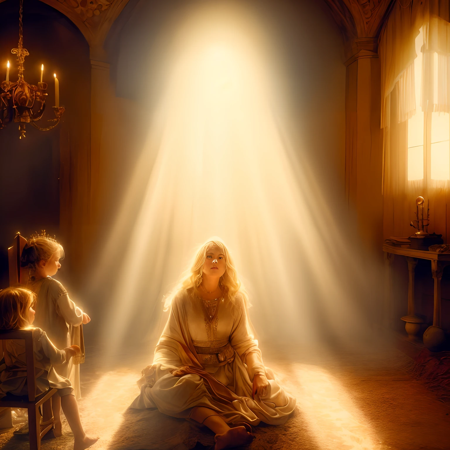There's a blonde woman sitting on the floor in a bedroom with two children, dramatic lights spiritual scene, Luz bonita de Rembrandt, banhado em luz, gold ethereal light, jeff easley dramatic light, luz celestial, Luz majestosa, Imogen Poots como um guerreiro santo, banhado em luz dourada, Poots Imogen como Paladino Santo, dramatic lighting. arte conceitual, cinematic, imagem historicamente precisa, século I d.C, Roma Antiga