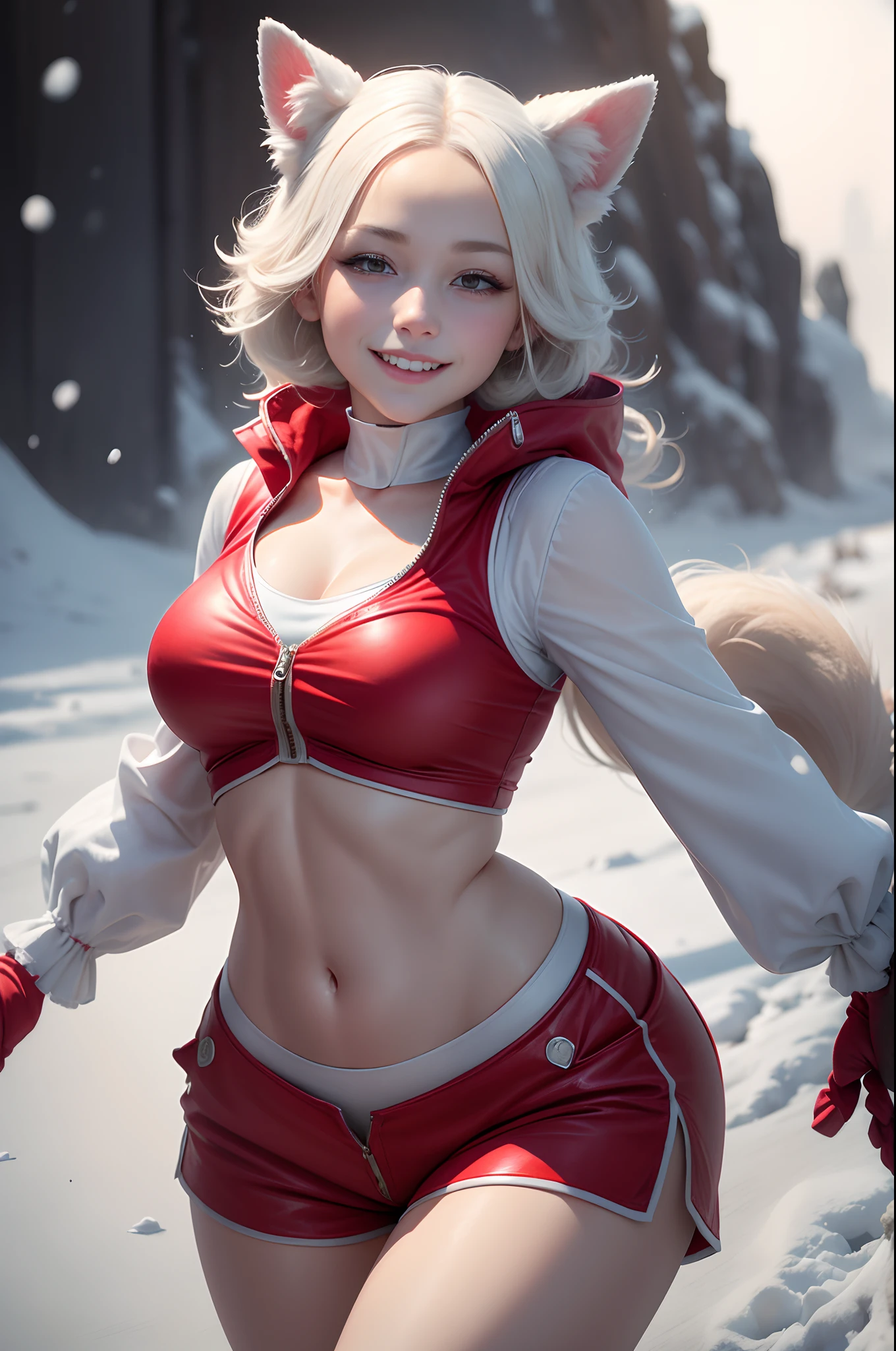 8K,Photorealsitic　Raw photography　top-quality;1.4) 　(1 Adult Dog Female)　Super beauty anthropomorphic dog　(Lifelike face)　personification　Personification of a snow-white dog　Wear a red vest with many pockets　Red shorts　Beautiful expression　超A high resolution　a smile　Precision Details　Realistic coat