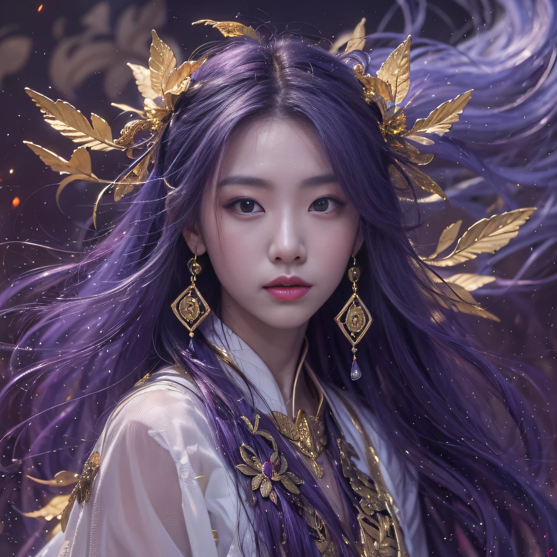 Genki Girl 32K（tmasterpiece，k hd，hyper HD，32K）Long flowing bright purple hair，Autumn Pond，zydink， a color， Asian people （Genki girl）， （Silk scarf）， Combat posture， looking at the ground， long whitr hair， Floating bright purple， Fire cloud pattern gold tiara， Chinese long-sleeved gold silk garment， （Abstract metaverse splash：1.2）， white backgrounid，Lotus vitality protector（realisticlying：1.4），Bright purple hair，Smoke on the road，The background is pure， A high resolution， the detail， RAW photogr， Sharp Re， Nikon D850 Film Stock Photo by Jefferies Lee 4 Kodak Portra 400 Camera F1.6 shots, Rich colors, ultra-realistic vivid textures, Dramatic lighting, Unreal Engine Art Station Trend, cinestir 800，A girl with long flowing bright purple hair