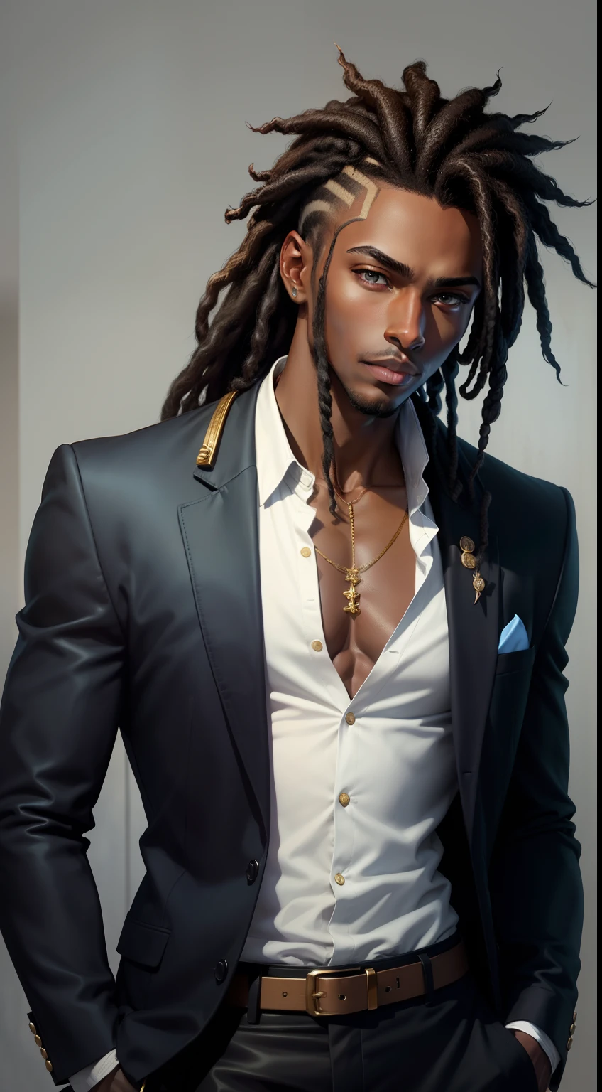 Dark skinned young man with blue eyes and a black jacket, light blue dreadlocks, dreadlock style hair, in an anime style, colored sketch, unrealistic character concept, character concept portrait of me, detailed character portrait, anime style character, anime style portrait, a character portrait, cel - shaded art style, His attire consists of a black, unbuttoned blazer with gold colored buttons on the front of the blazer and on the bottom of his sleeves and he wears a white v-neck shirt, white pants, a large black belt with a gold buckle, a smaller black belt that hangs loose on the side of his hip, and has on tan shoes with black buckles, inspired by King of Fighters