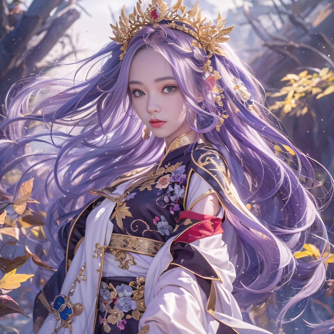 Genki Girl 32K(tmasterpiece,k hd,hyper HD,32K)Long flowing bright purple hair,Autumn Pond,zydink, a color, Asian people (Genki girl), (Silk scarf), Combat posture, looking at the ground, long whitr hair, Floating bright purple, Fire cloud pattern gold tiara, Chinese long-sleeved gold silk garment, (Abstract metaverse splash:1.2), white backgrounid,Lotus vitality protector(realisticlying:1.4),Bright purple hair,Smoke on the road,The background is pure, A high resolution, the detail, RAW photogr, Sharp Re, Nikon D850 Film Stock Photo by Jefferies Lee 4 Kodak Portra 400 Camera F1.6 shots, Rich colors, ultra-realistic vivid textures, Dramatic lighting, Unreal Engine Art Station Trend, cinestir 800,A girl with long flowing bright purple hair