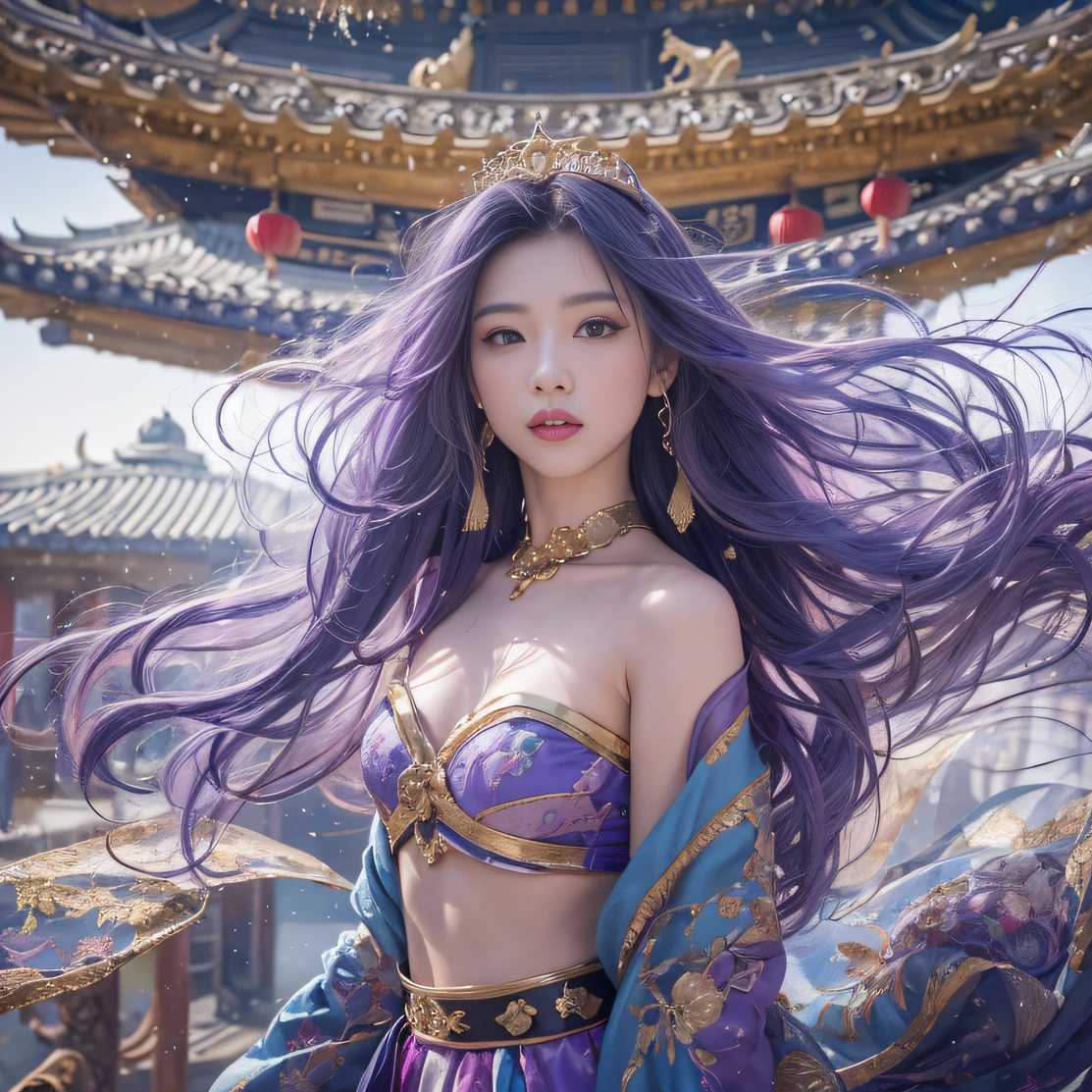 Genki Girl 32K（tmasterpiece，k hd，hyper HD，32K）Long flowing bright purple hair，Autumn Pond，zydink， a color， Asian people （Genki girl）， （Silk scarf）， Combat posture， looking at the ground， long whitr hair， Floating bright purple， Fire cloud pattern gold tiara， Chinese long-sleeved gold silk garment， （Abstract metaverse splash：1.2）， white backgrounid，Lotus vitality protector（realisticlying：1.4），Bright purple hair，Smoke on the road，The background is pure， A high resolution， the detail， RAW photogr， Sharp Re， Nikon D850 Film Stock Photo by Jefferies Lee 4 Kodak Portra 400 Camera F1.6 shots, Rich colors, ultra-realistic vivid textures, Dramatic lighting, Unreal Engine Art Station Trend, cinestir 800，A girl with long flowing bright purple hair