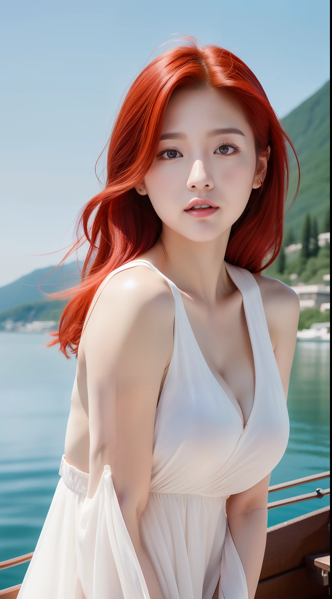 ((Realistic lighting, Best quality, 8K, Masterpiece:1.3)), Focus:1.2, 1girl, Perfect Figure:1.4, Slim Abs:1.1, ((red Hair)), (White Crop Top: 1.4), (Outdoor, Seaside: 1.1), City Street, Super Fine Face, Fine Eyes, Double Eyelids,