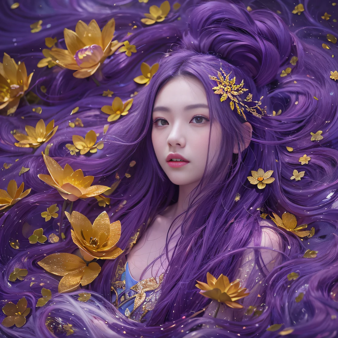 Genki Girl 32K(tmasterpiece,k hd,hyper HD,32K)Long flowing bright purple hair,Autumn Pond,zydink, a color, Asian people (Genki girl), (Silk scarf), Combat posture, looking at the ground, long whitr hair, Floating bright purple, Fire cloud pattern gold tiara, Chinese long-sleeved gold silk garment, (Abstract metaverse splash:1.2), white backgrounid,Lotus vitality protector(realisticlying:1.4),Bright purple hair,Smoke on the road,The background is pure, A high resolution, the detail, RAW photogr, Sharp Re, Nikon D850 Film Stock Photo by Jefferies Lee 4 Kodak Portra 400 Camera F1.6 shots, Rich colors, ultra-realistic vivid textures, Dramatic lighting, Unreal Engine Art Station Trend, cinestir 800,A girl with long flowing bright purple hair