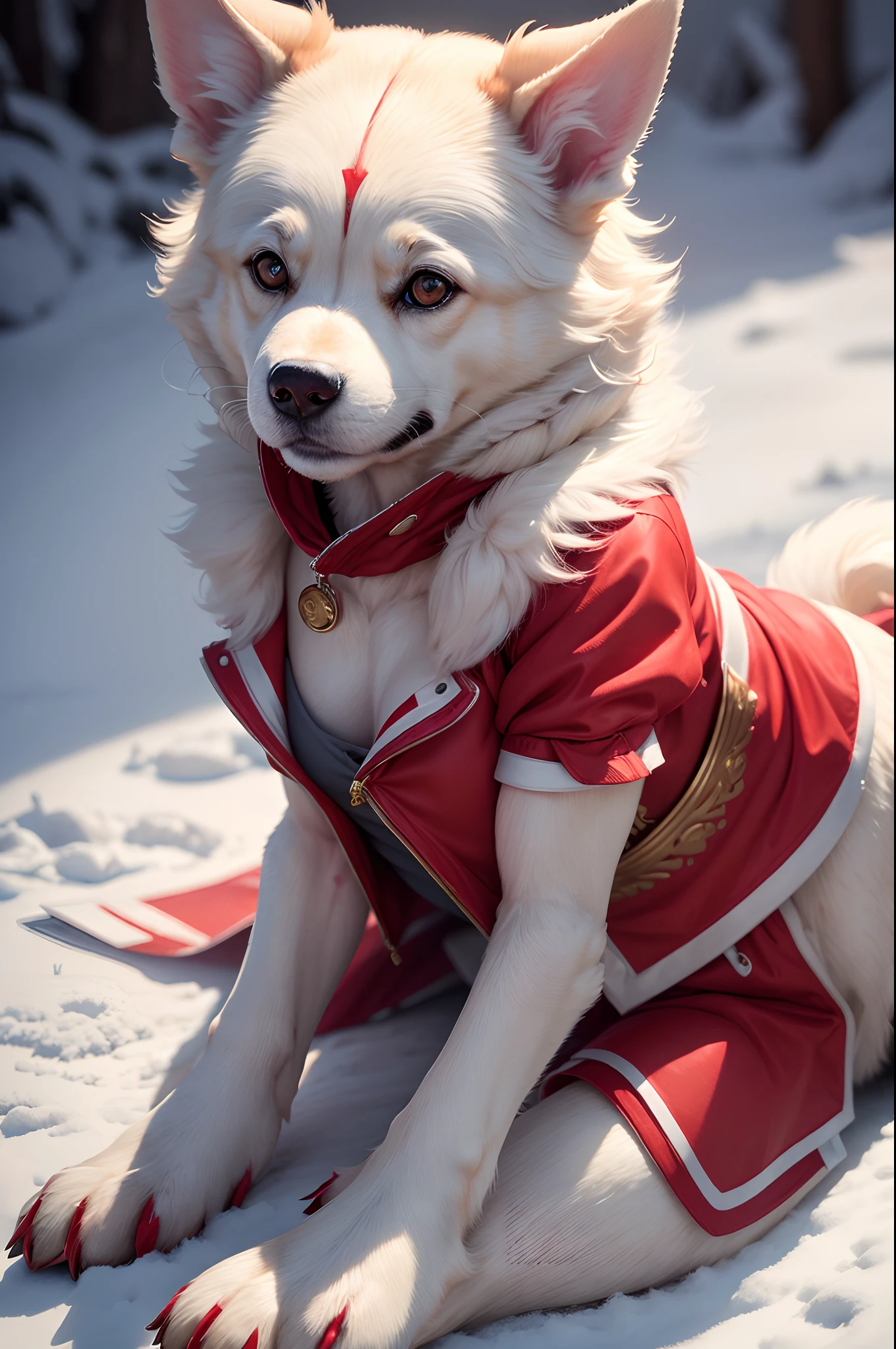 8K,Photorealsitic Raw photography top-quality;1.4) (1 Adult Dog Female) Super beauty anthropomorphic dog (Lifelike face) personification Personification of a snow-white dog Wear a red vest with many pockets Red shorts Beautiful expression 超A high resolution a smile Precision Details Realistic coat