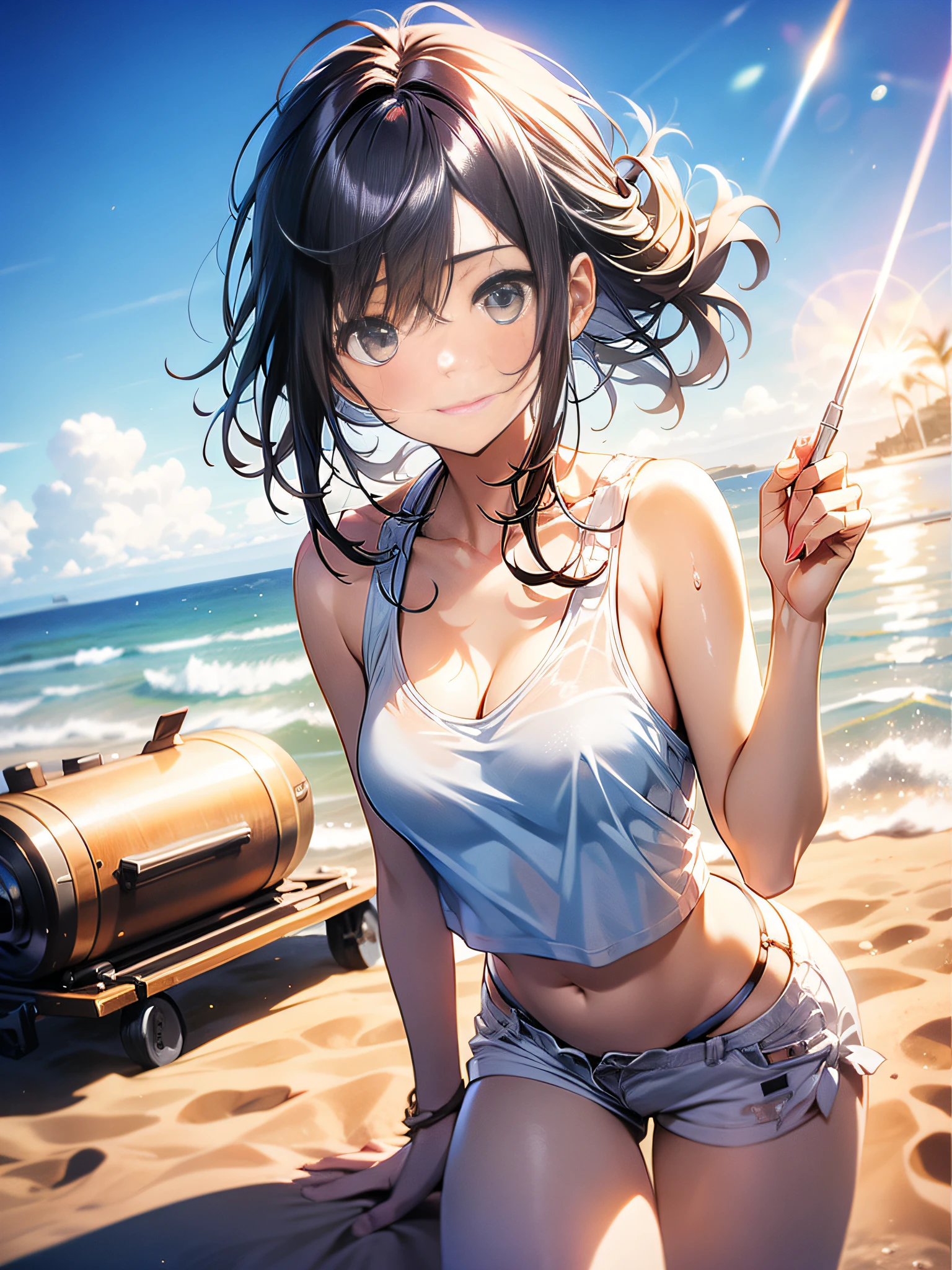 in 8K、top-quality、masterpiece、ultra-detailliert、Ultra-high resolution、Anime style、1人の女性、White sandy beach、white tank tops、Bend forward、lensflare