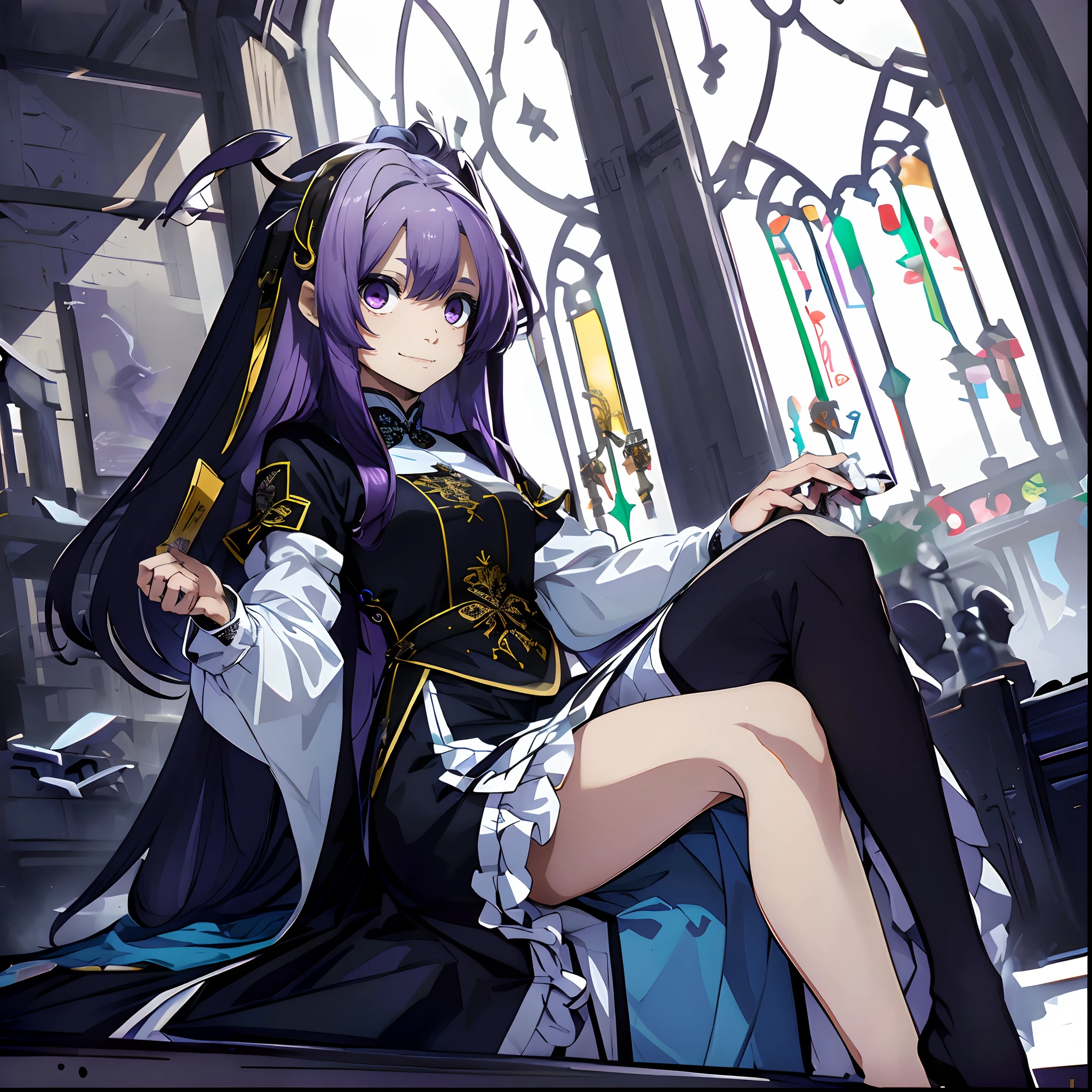 best qualtiy，tmasterpiece，Ultimate Resolution, long purple hair, navy cheongsam, blue ribbon hair ornament, purple eyes, smile face, open mouth